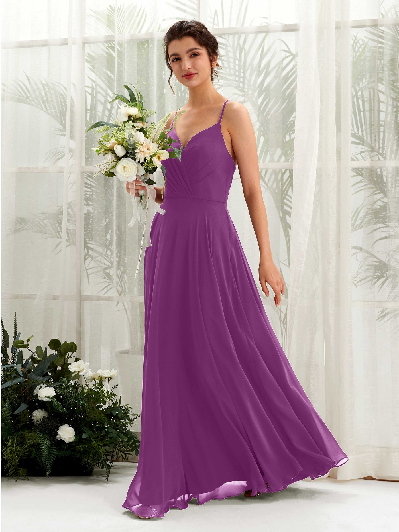 Carlyna A-Linien-Kleid mit V-Ausschnitt und Spaghettiträgern bodenlanges Brautjungfernkleid Lila #farbe_lila