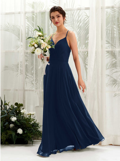 Carlyna A-Linien-Kleid mit V-Ausschnitt und Spaghettiträgern bodenlanges Brautjungfernkleid Marineblau #farbe_marineblau