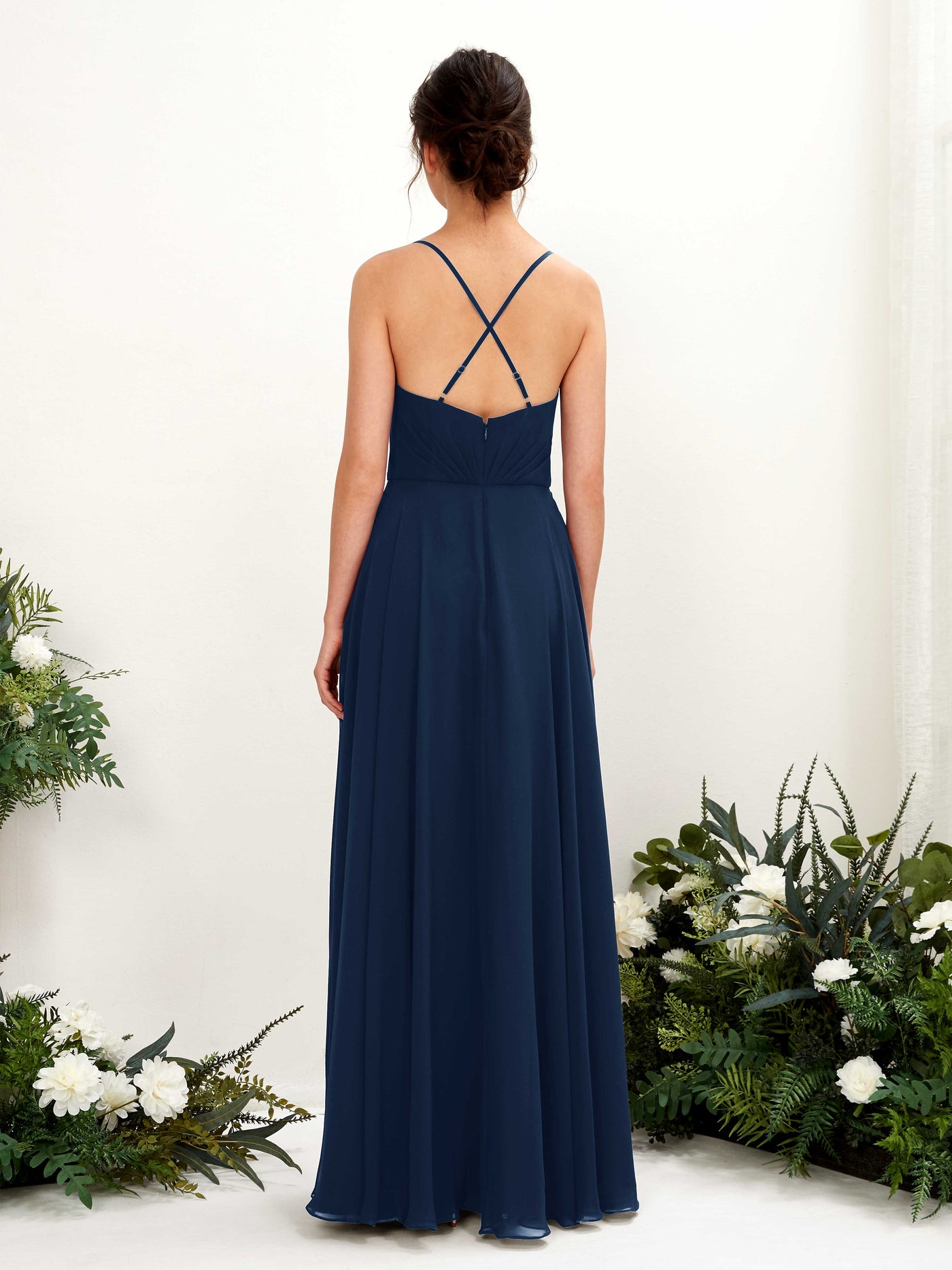 Carlyna A-Linien-Kleid mit V-Ausschnitt und Spaghettiträgern bodenlanges Brautjungfernkleid Marineblau #farbe_marineblau