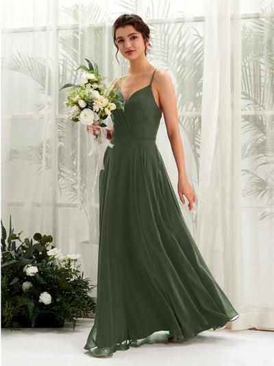 Carlyna A-Linien-Kleid mit V-Ausschnitt und Spaghettiträgern bodenlanges Brautjungfernkleid Martini-Olive #farbe_martini-olive