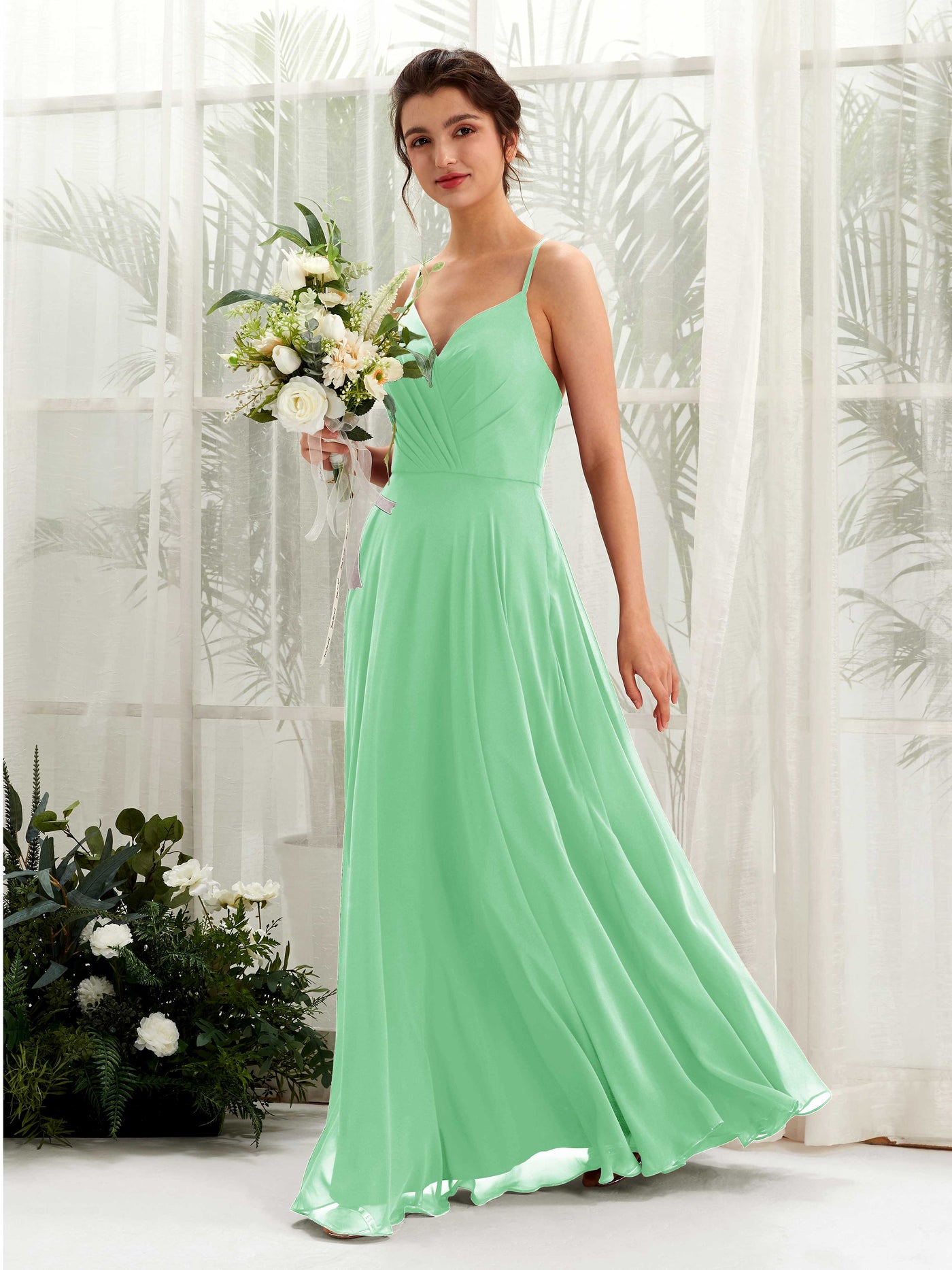Carlyna A-Linien-Kleid mit V-Ausschnitt und Spaghettiträgern bodenlanges Brautjungfernkleid Minzgrün #farbe_minzgr-n