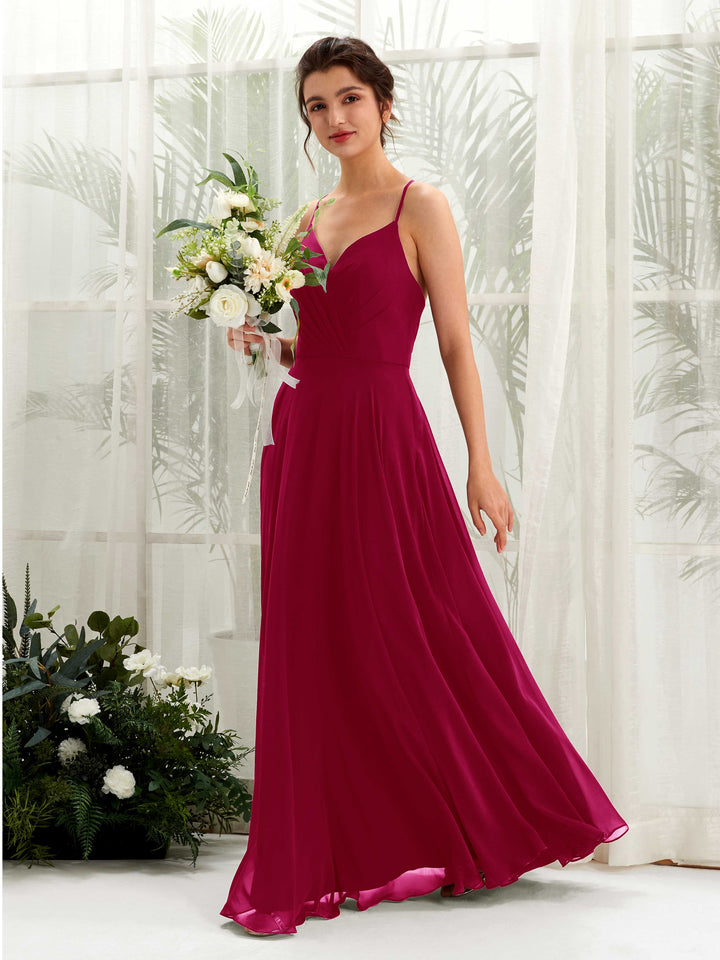 Carlyna A-Linien-Kleid mit V-Ausschnitt und Spaghettiträgern bodenlanges Brautjungfernkleid Narrenrot 