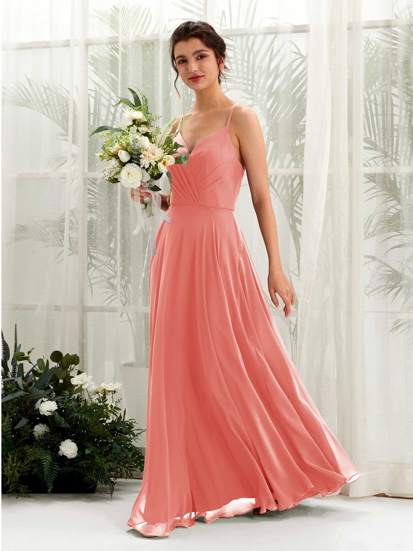 Carlyna A-Linien-Kleid mit V-Ausschnitt und Spaghettiträgern bodenlanges Brautjungfernkleid Pfirsichrosa #farbe_pfirsichrosa