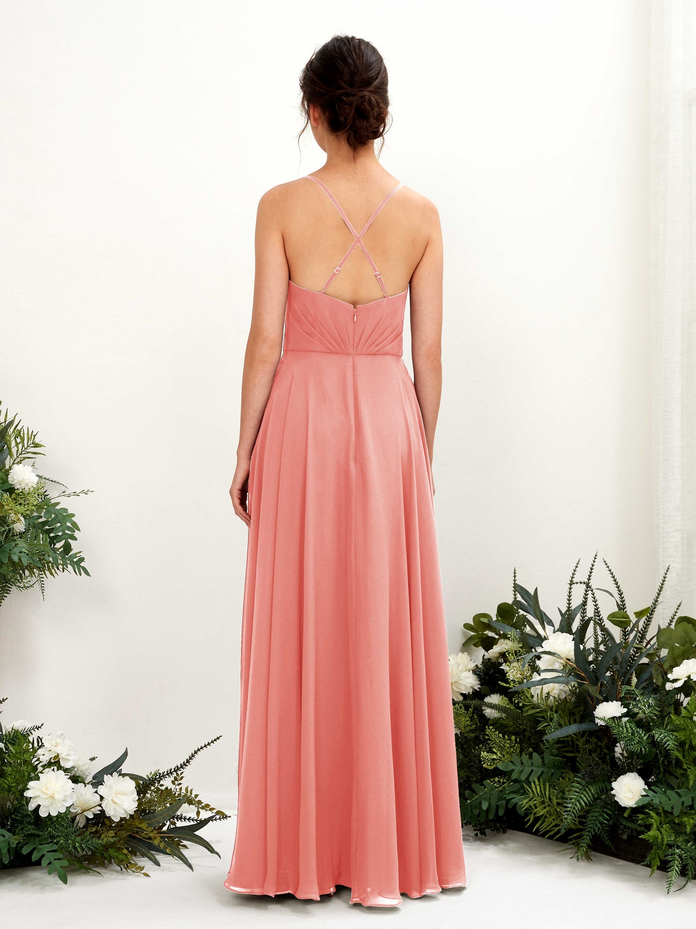 Carlyna A-Linien-Kleid mit V-Ausschnitt und Spaghettiträgern bodenlanges Brautjungfernkleid Pfirsichrosa #farbe_pfirsichrosa