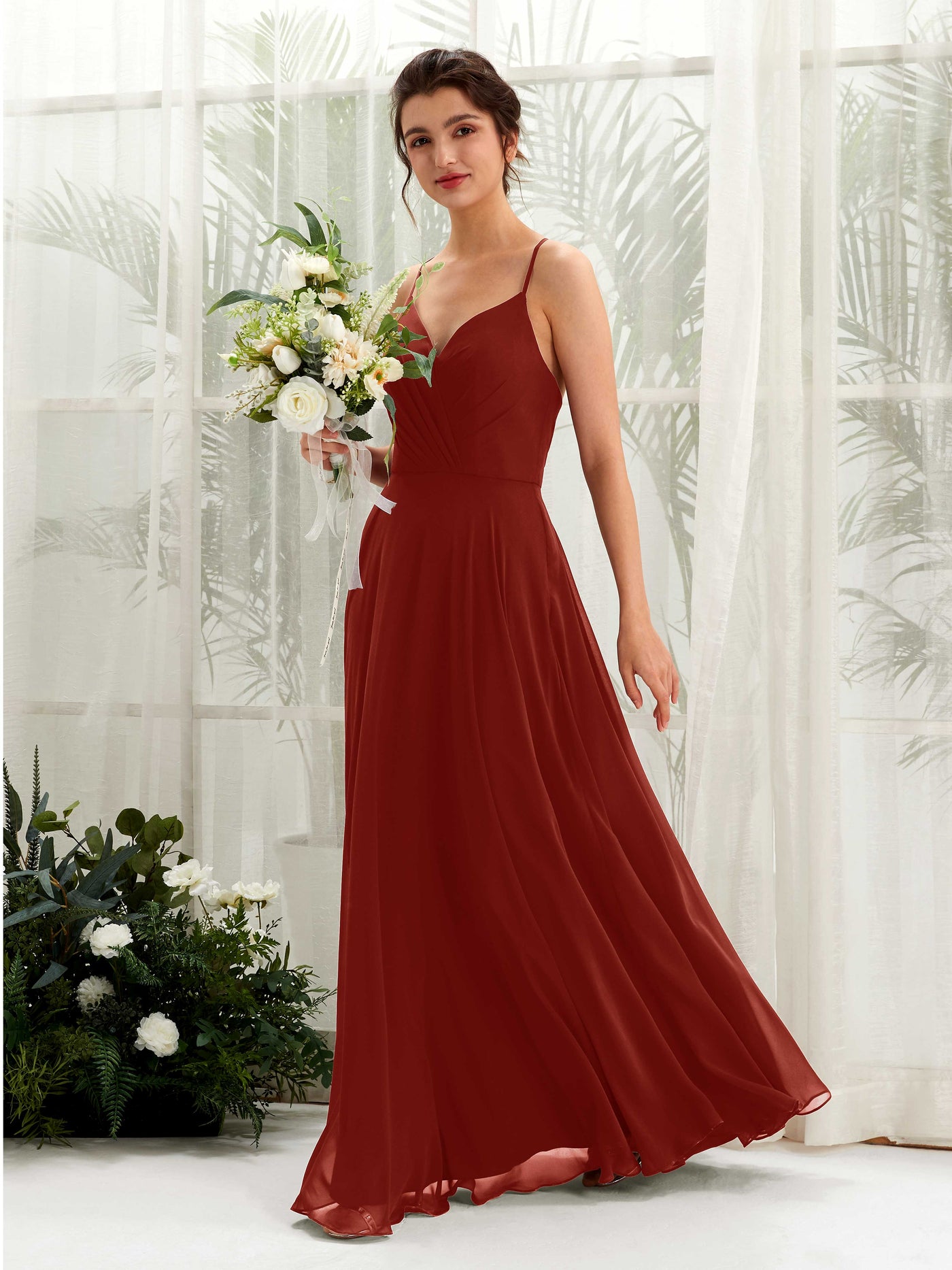 Carlyna A-Linien-Kleid mit V-Ausschnitt und Spaghettiträgern bodenlanges Brautjungfernkleid Rostrot #farbe_rostrot