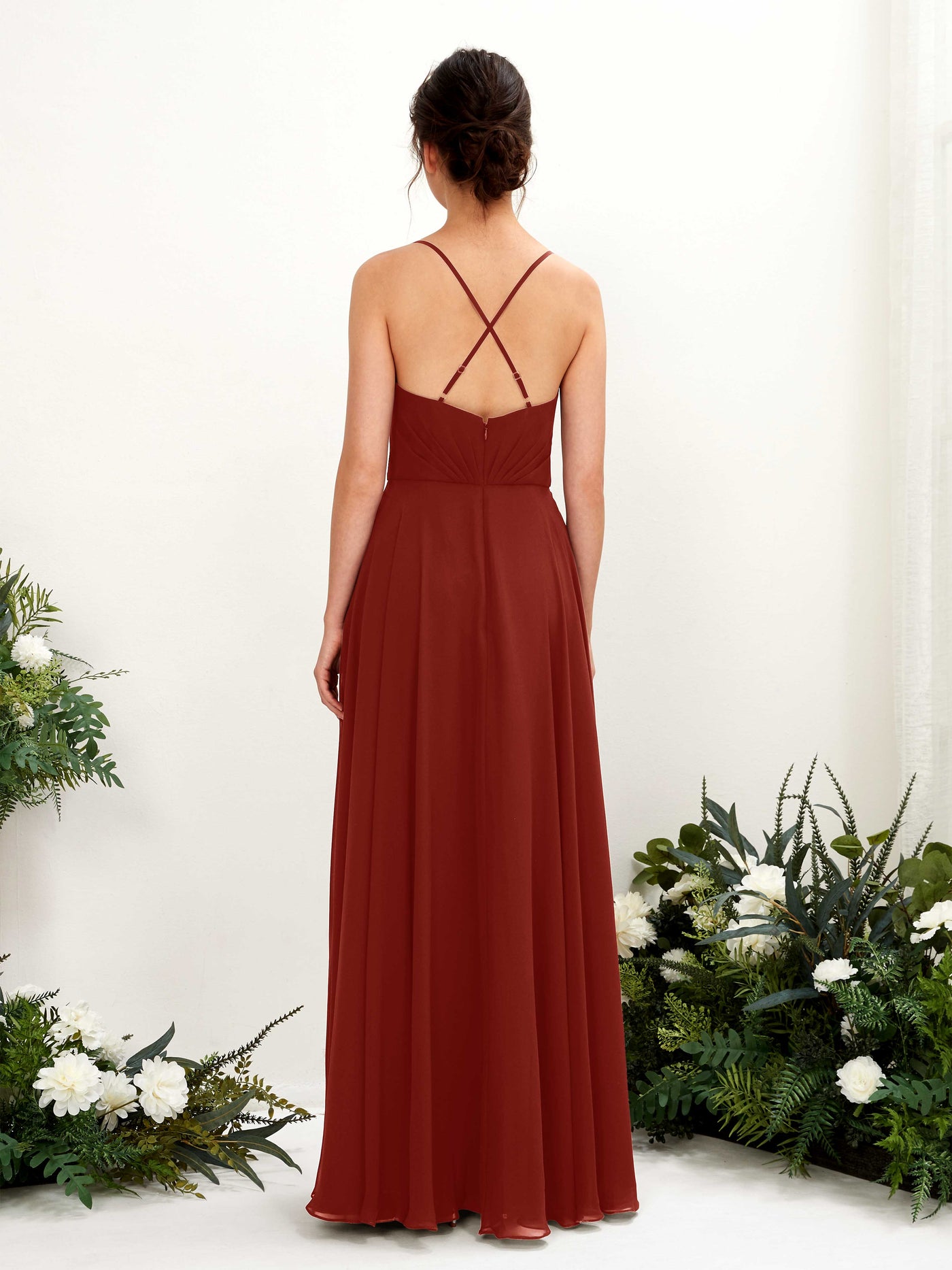 Carlyna A-Linien-Kleid mit V-Ausschnitt und Spaghettiträgern bodenlanges Brautjungfernkleid Rostrot #farbe_rostrot