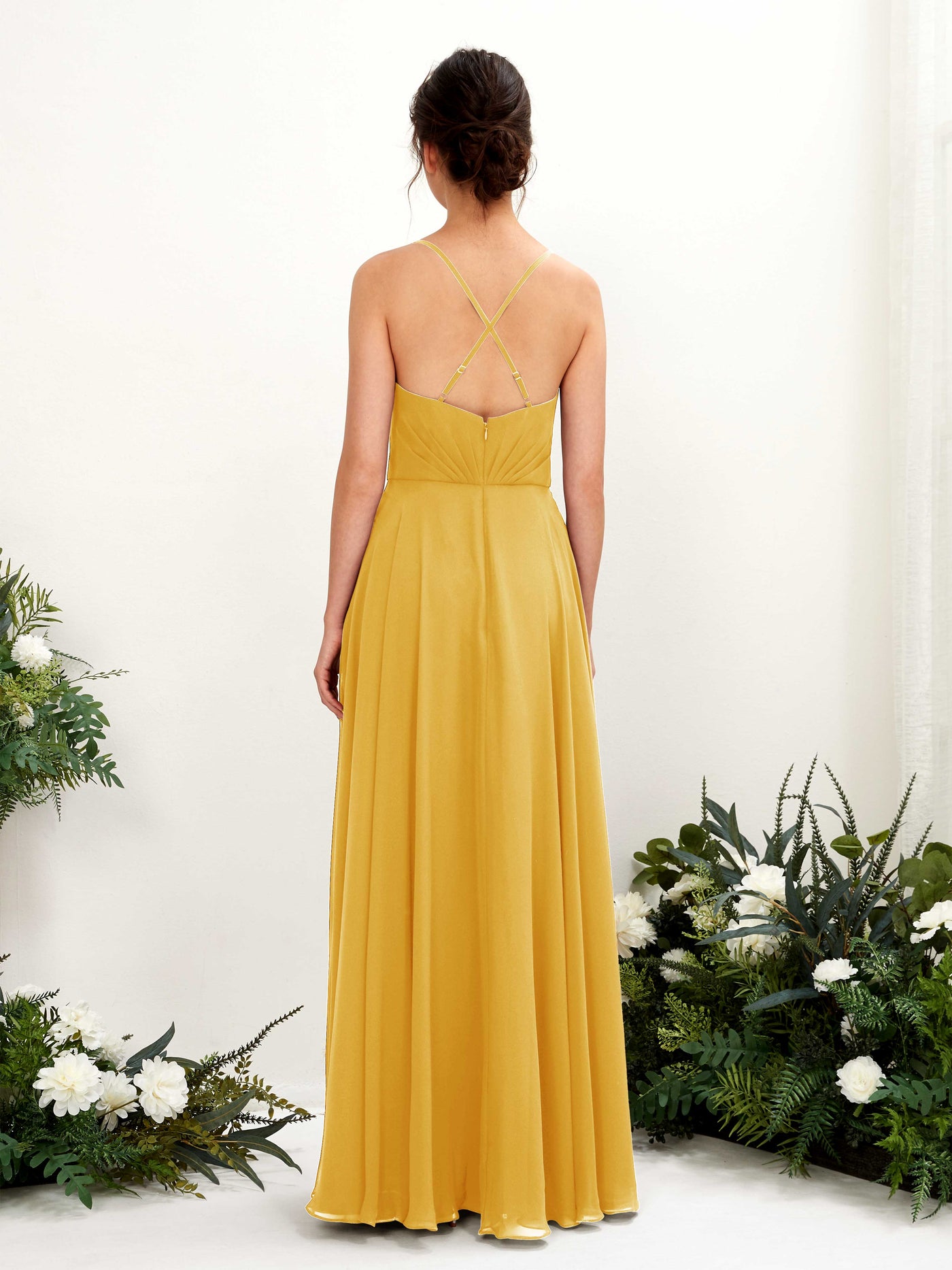 Carlyna A-Linien-Kleid mit V-Ausschnitt und Spaghettiträgern bodenlanges Brautjungfernkleid Senfgelb #farbe_senfgelb