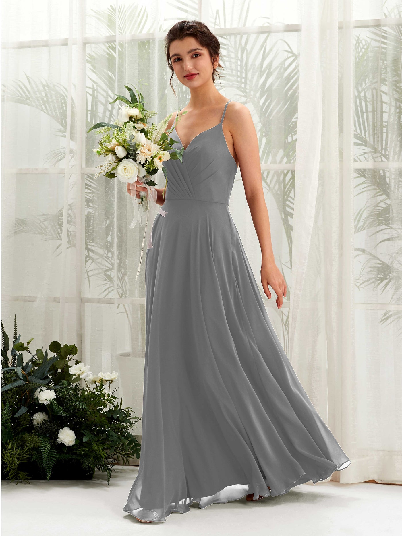 Carlyna A-Linien-Kleid mit V-Ausschnitt und Spaghettiträgern bodenlanges Brautjungfernkleid Stahlgrau #farbe_stahlgrau
