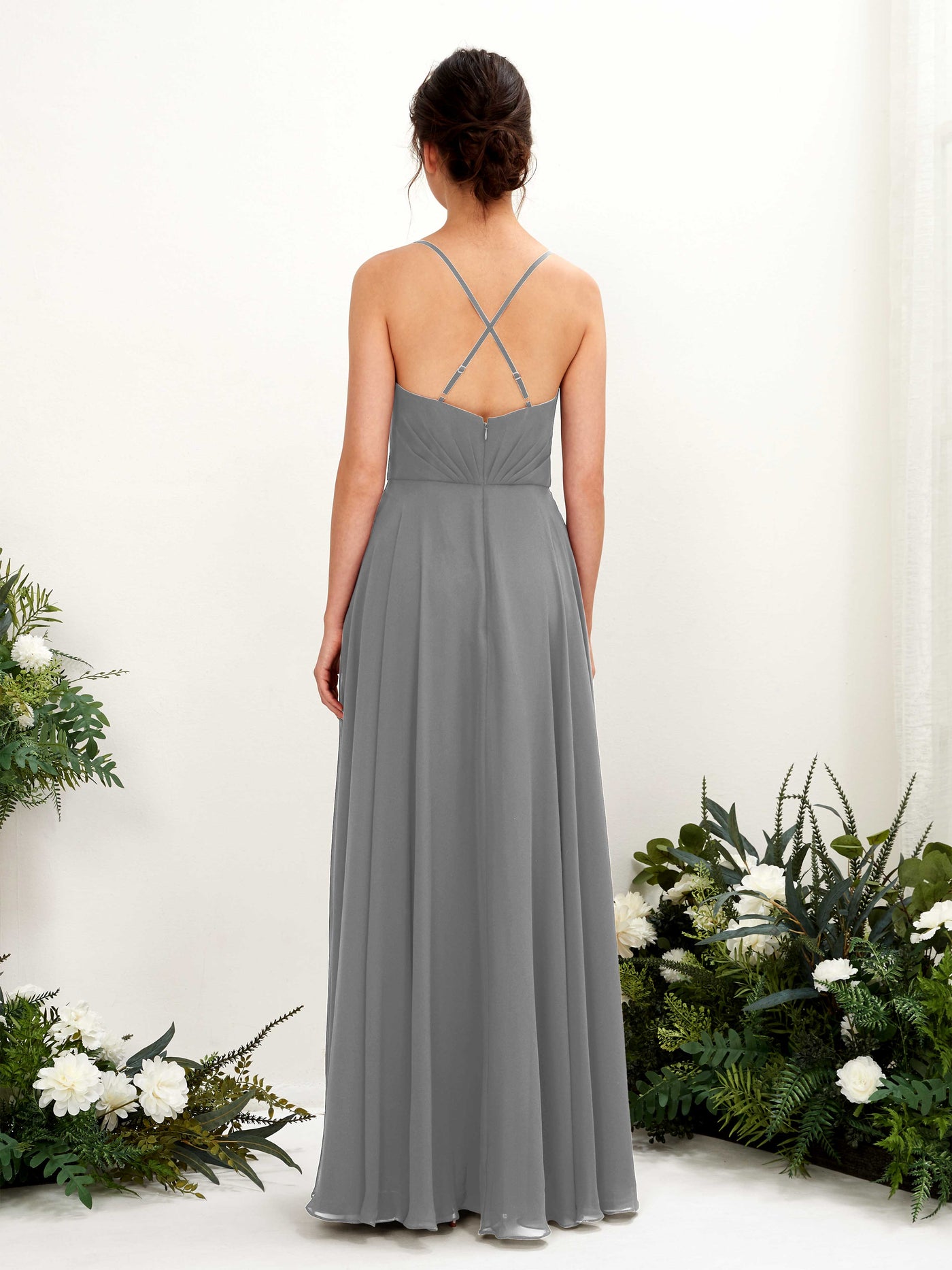 Carlyna A-Linien-Kleid mit V-Ausschnitt und Spaghettiträgern bodenlanges Brautjungfernkleid Stahlgrau #farbe_stahlgrau