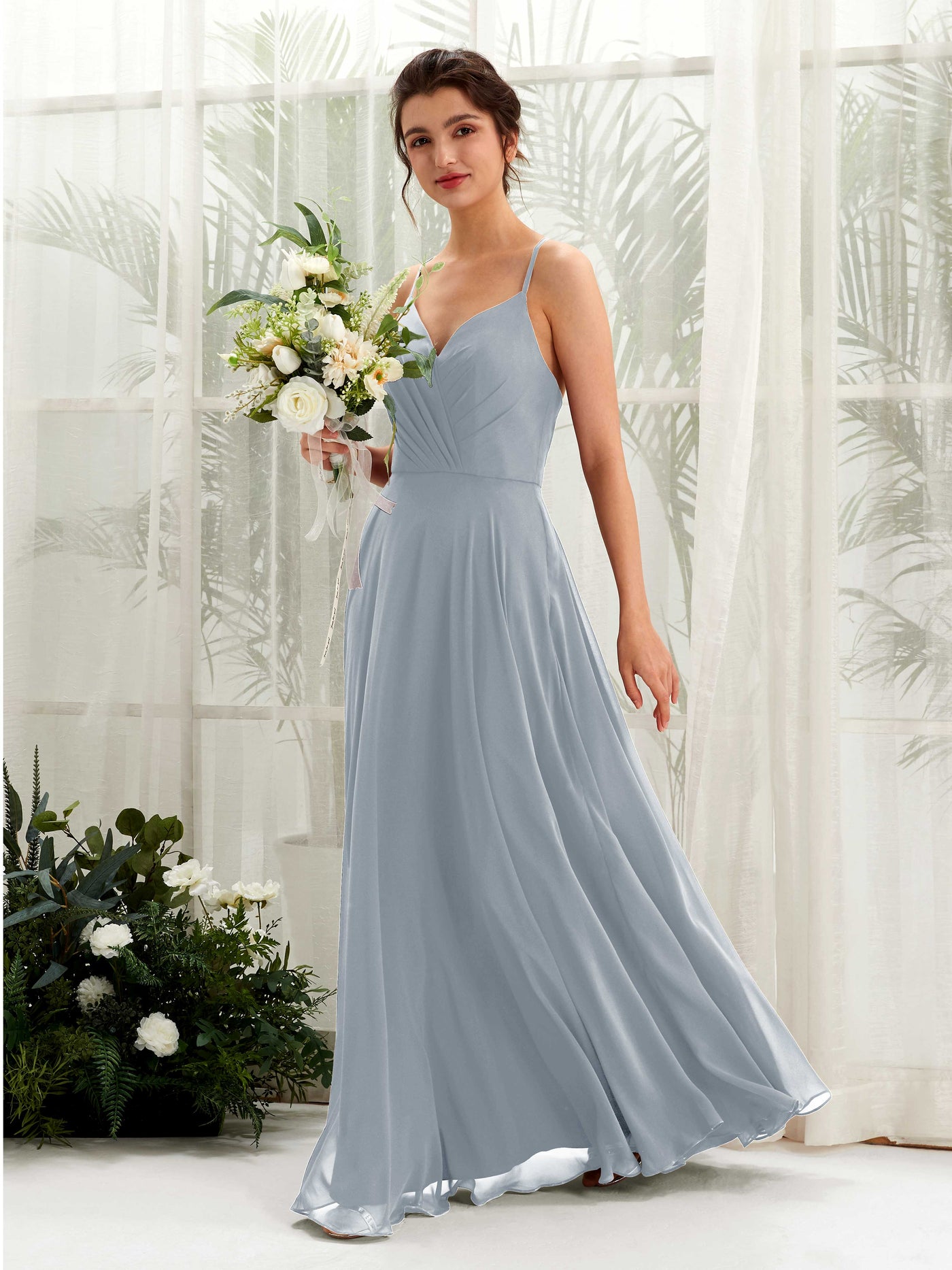 Carlyna A-Linien-Kleid mit V-Ausschnitt und Spaghettiträgern bodenlanges Brautjungfernkleid Staubiges Blau-Upgrade #farbe_staubiges-blau-upgrade