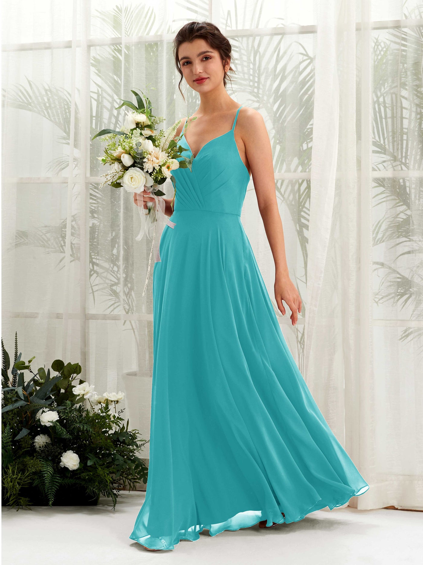 Carlyna A-Linien-Kleid mit V-Ausschnitt und Spaghettiträgern bodenlanges Brautjungfernkleid Türkis #farbe_t-rkis