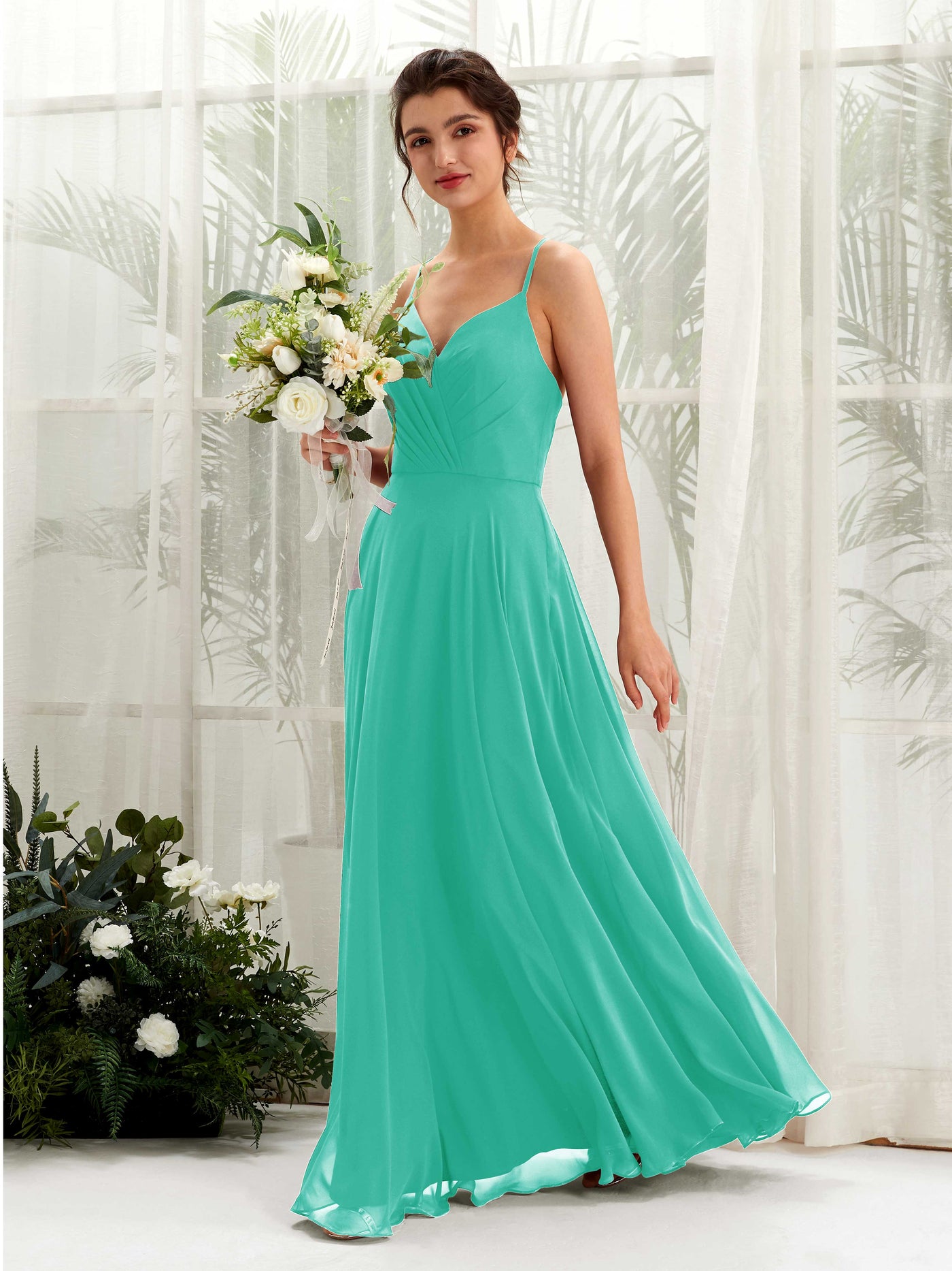 Carlyna A-Linien-Kleid mit V-Ausschnitt und Spaghettiträgern bodenlanges Brautjungfernkleid Tiffany-Blau #farbe_tiffany-blau