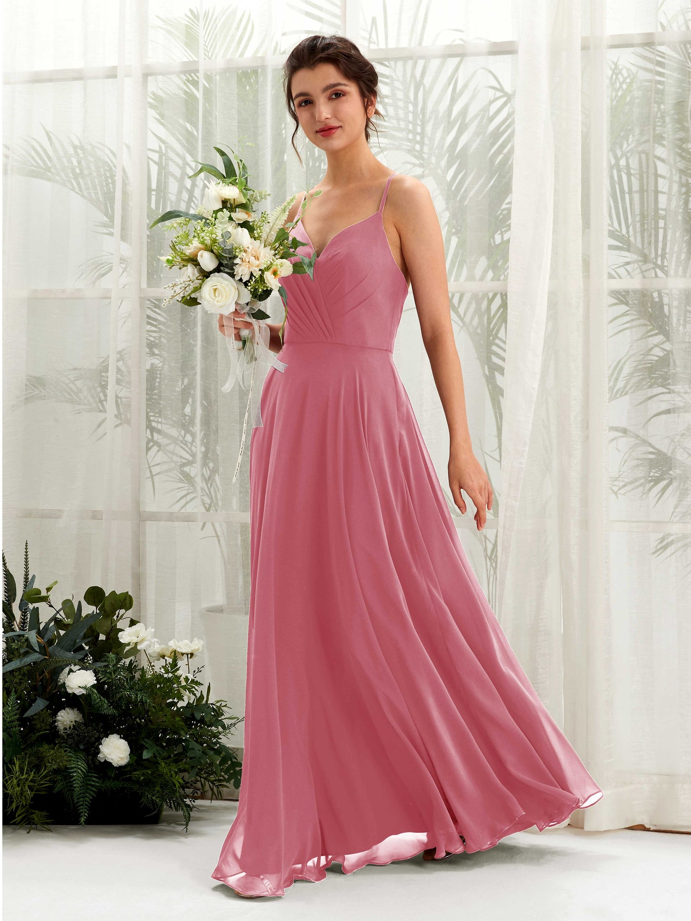 Carlyna A-Linien-Kleid mit V-Ausschnitt und Spaghettiträgern bodenlanges Brautjungfernkleid Wüstenrose #farbe_w-stenrose