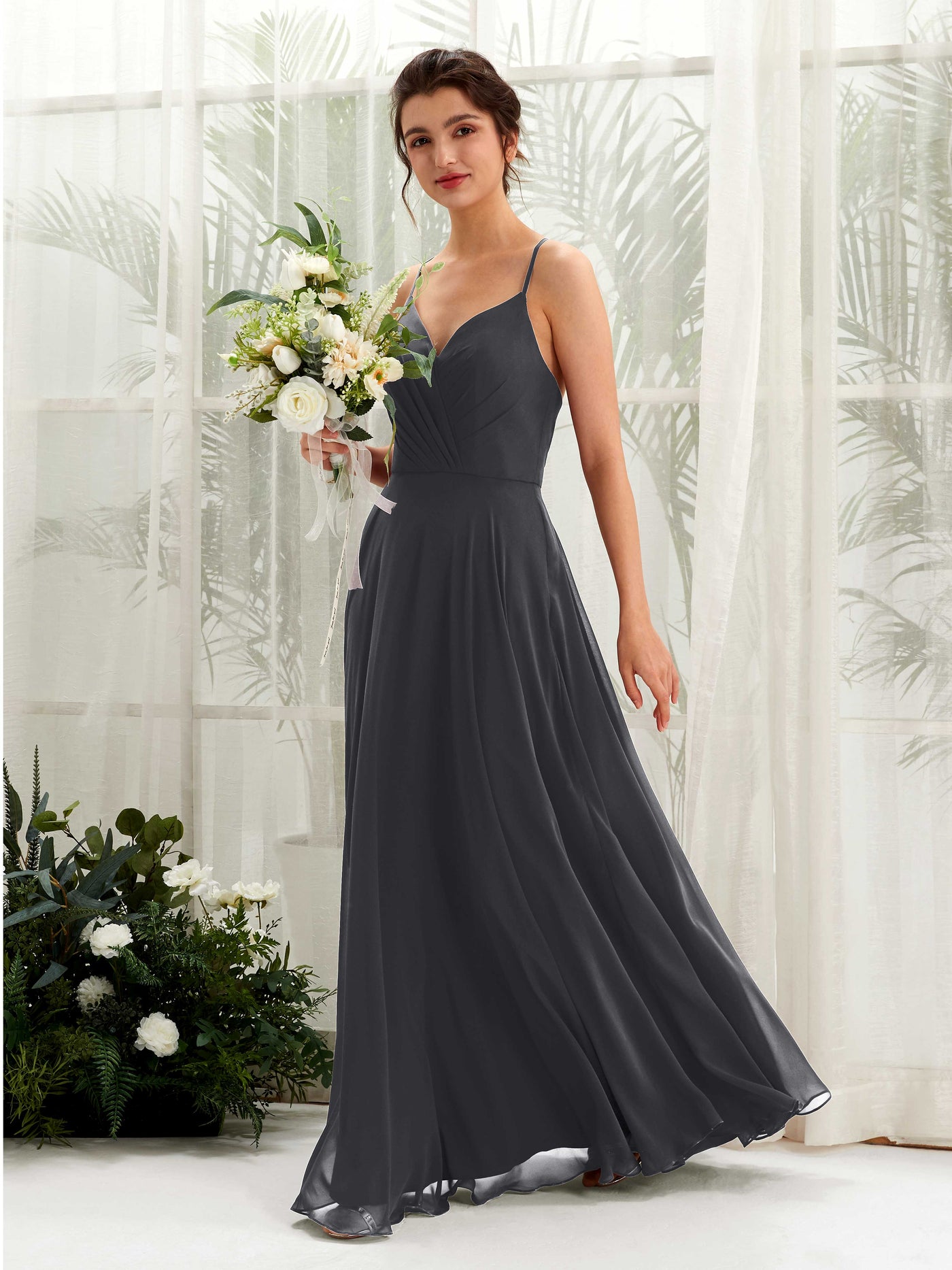 Carlyna A-Linien-Kleid mit V-Ausschnitt und Spaghettiträgern bodenlanges Brautjungfernkleid Zinnfarben #farbe_zinnfarben