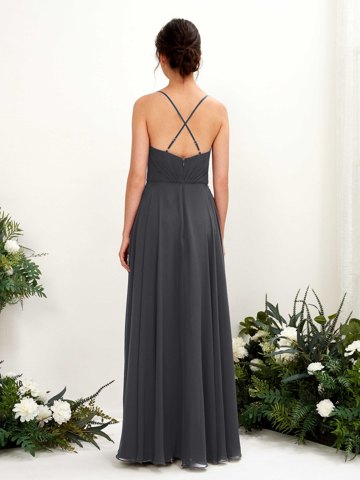 Carlyna A-Linien-Kleid mit V-Ausschnitt und Spaghettiträgern bodenlanges Brautjungfernkleid Zinnfarben #farbe_zinnfarben