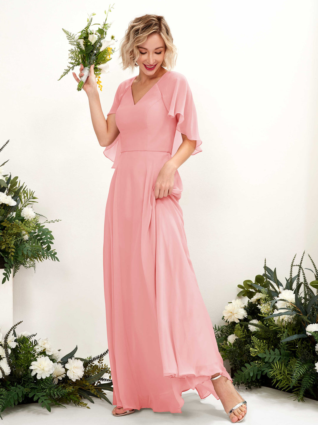 Carlyna A-Linien-Kleid mit V-Ausschnitt und Umhang-Ärmeln bodenlanges Brautjungfernkleid Ballettrosa 