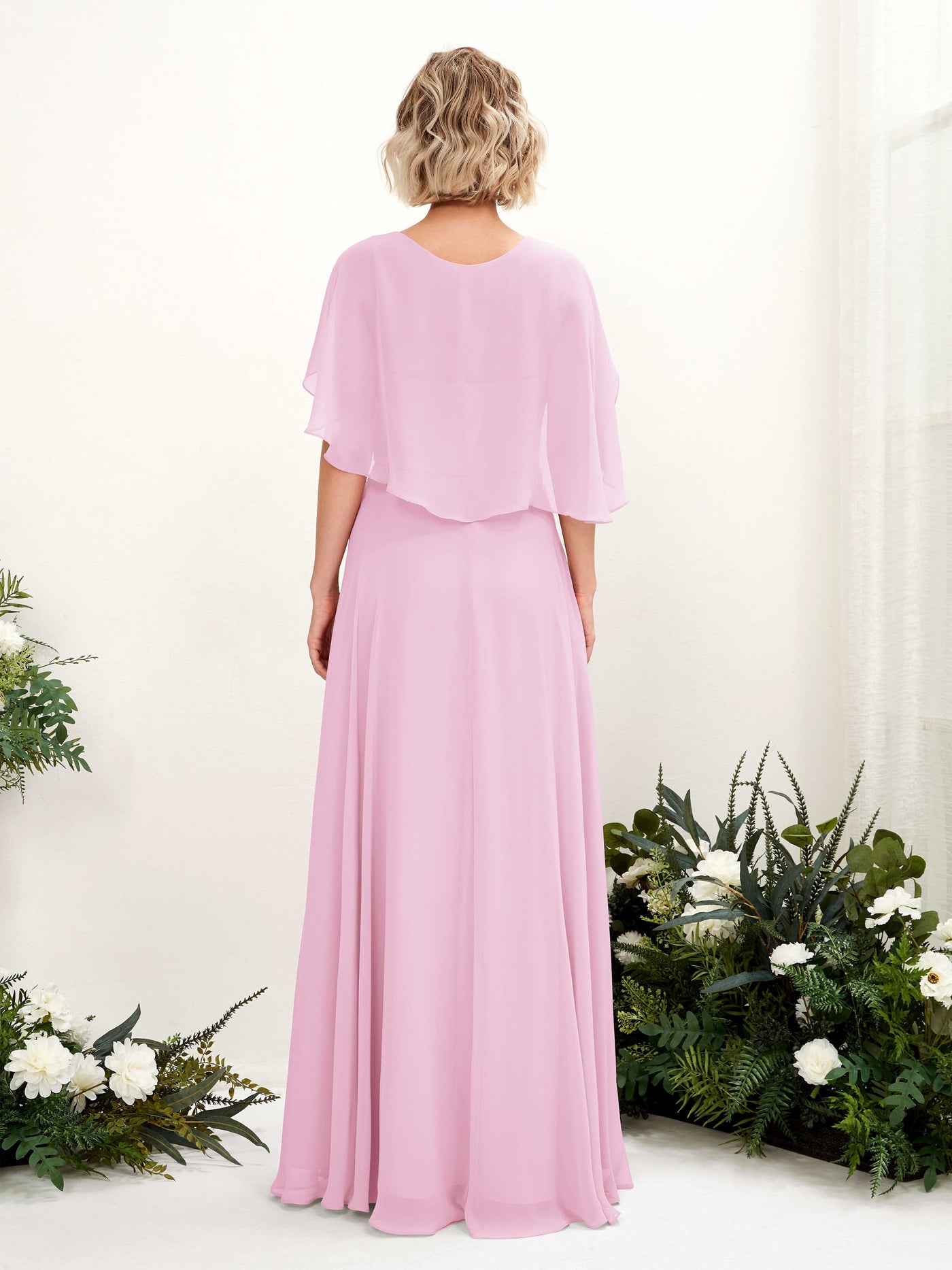 Carlyna A-Linien-Kleid mit V-Ausschnitt und Umhang-Ärmeln bodenlanges Brautjungfernkleid Bonbonrosa #farbe_bonbonrosa