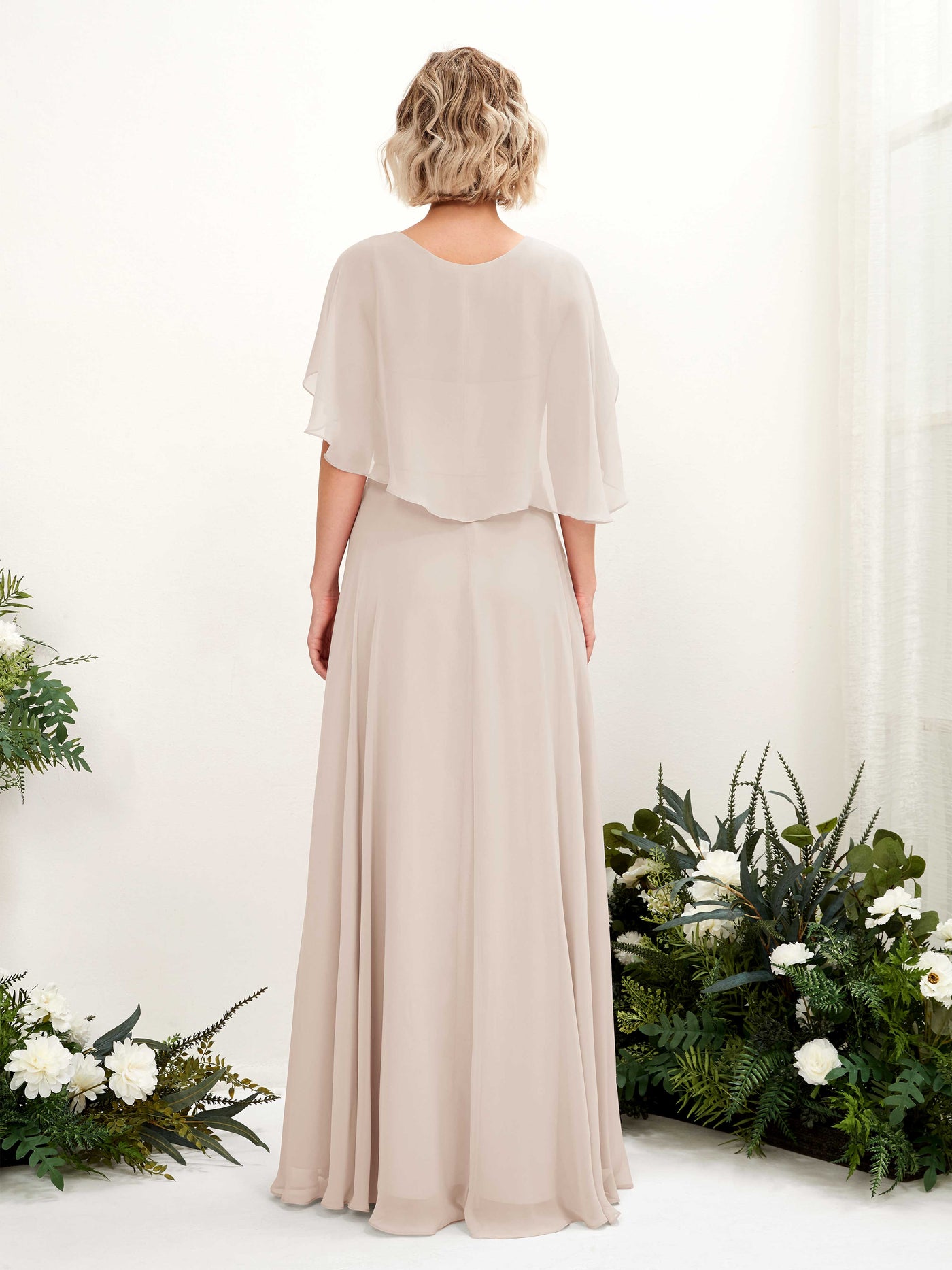 Carlyna A-Linien-Kleid mit V-Ausschnitt und Umhang-Ärmeln bodenlanges Brautjungfernkleid Champagner #farbe_champagner