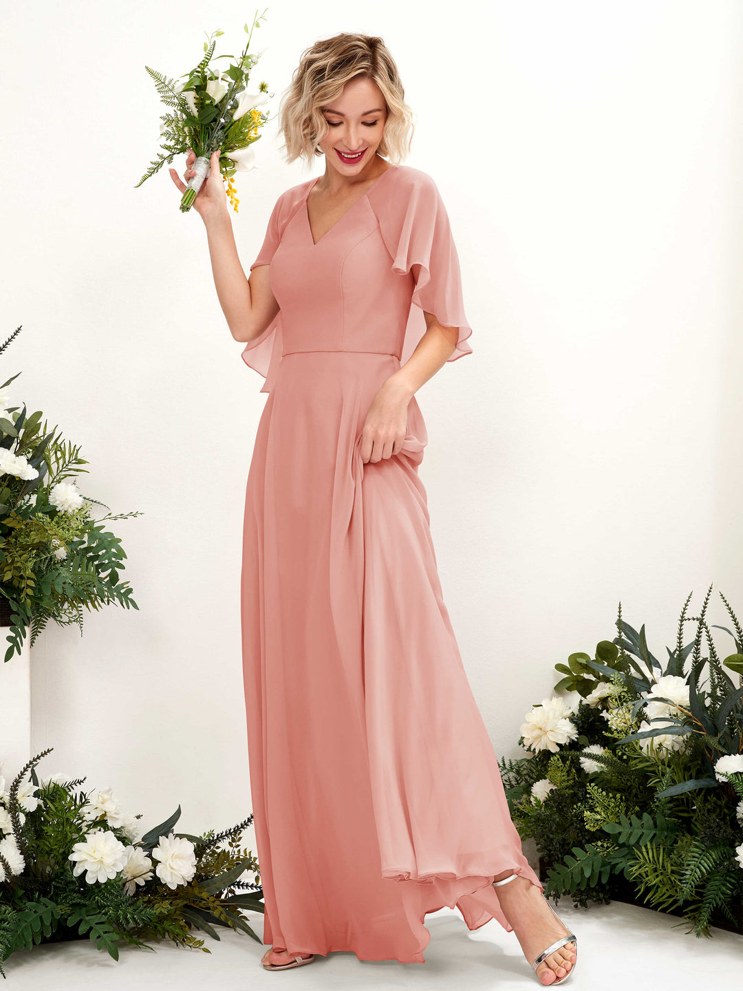 Carlyna A-Linien-Kleid mit V-Ausschnitt und Umhang-Ärmeln bodenlanges Brautjungfernkleid Champagner-Rose 