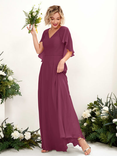 Carlyna A-Linien-Kleid mit V-Ausschnitt und Umhang-Ärmeln bodenlanges Brautjungfernkleid Chianti #farbe_chianti