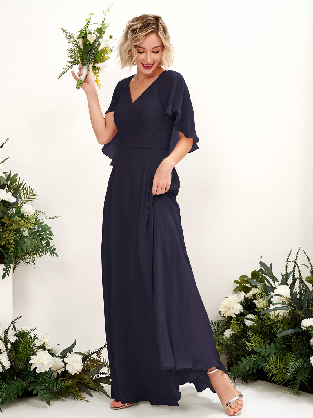 Carlyna A-Linien-Kleid mit V-Ausschnitt und Umhang-Ärmeln bodenlanges Brautjungfernkleid Dunkel Marineblau 