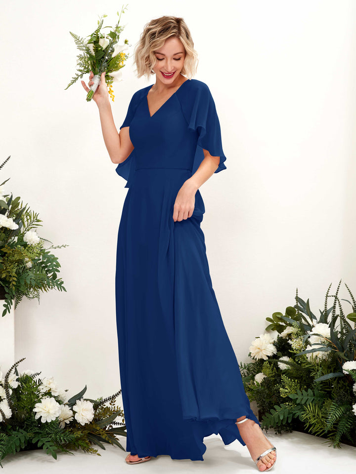 Carlyna A-Linien-Kleid mit V-Ausschnitt und Umhang-Ärmeln bodenlanges Brautjungfernkleid Königsblau 