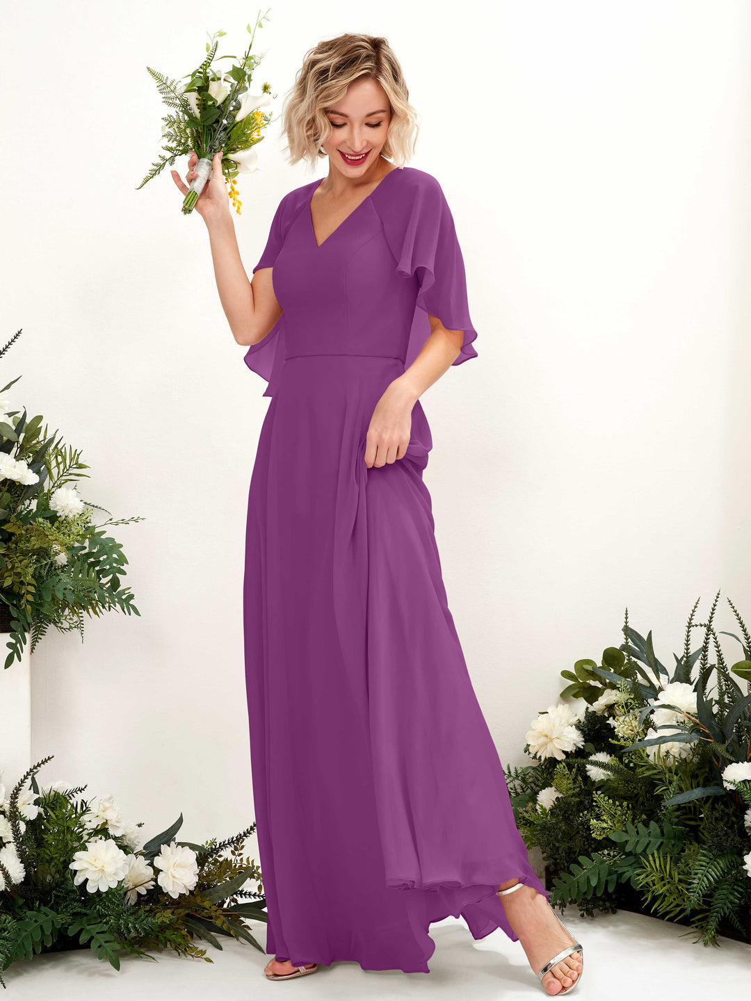 Carlyna A-Linien-Kleid mit V-Ausschnitt und Umhang-Ärmeln bodenlanges Brautjungfernkleid Lila 