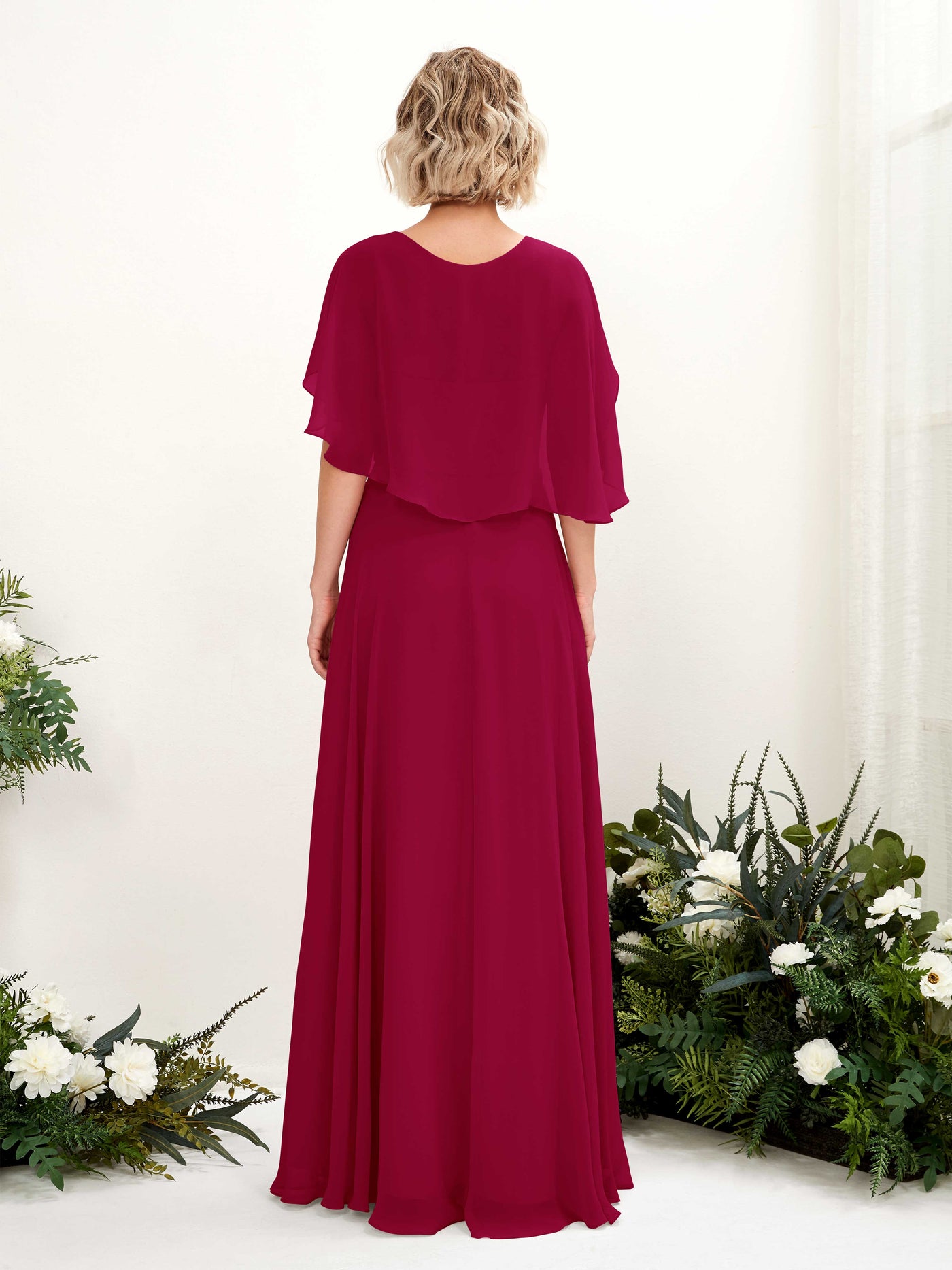 Carlyna A-Linien-Kleid mit V-Ausschnitt und Umhang-Ärmeln bodenlanges Brautjungfernkleid Narrenrot #farbe_narrenrot