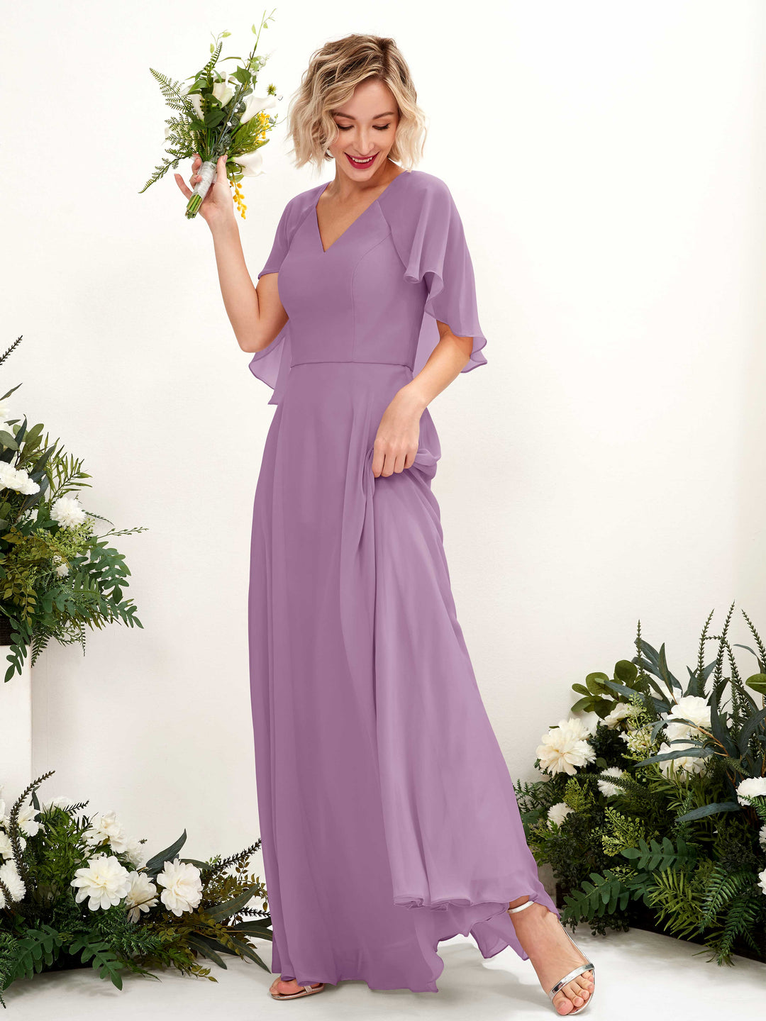 Carlyna A-Linien-Kleid mit V-Ausschnitt und Umhang-Ärmeln bodenlanges Brautjungfernkleid Orchideen-Nebel 