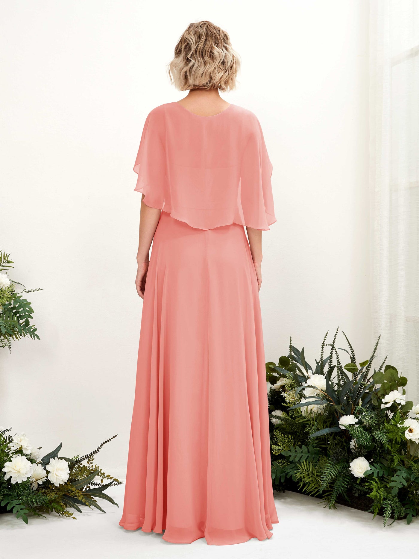 Carlyna A-Linien-Kleid mit V-Ausschnitt und Umhang-Ärmeln bodenlanges Brautjungfernkleid Pfirsichrosa #farbe_pfirsichrosa