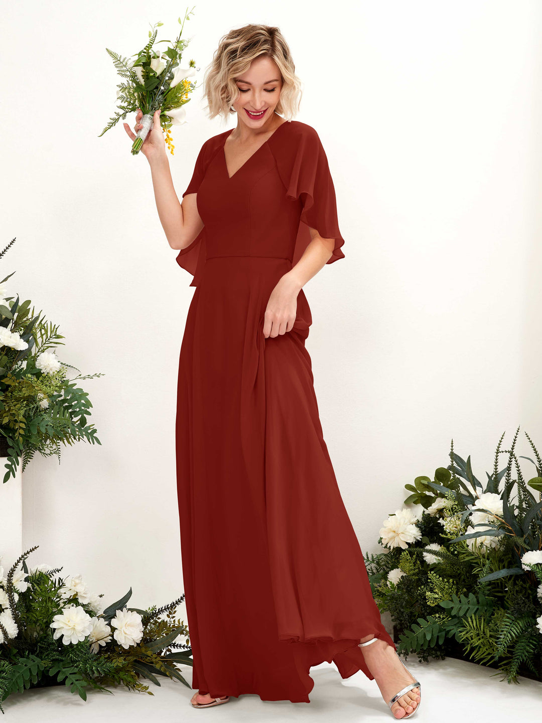Carlyna A-Linien-Kleid mit V-Ausschnitt und Umhang-Ärmeln bodenlanges Brautjungfernkleid Rostrot 