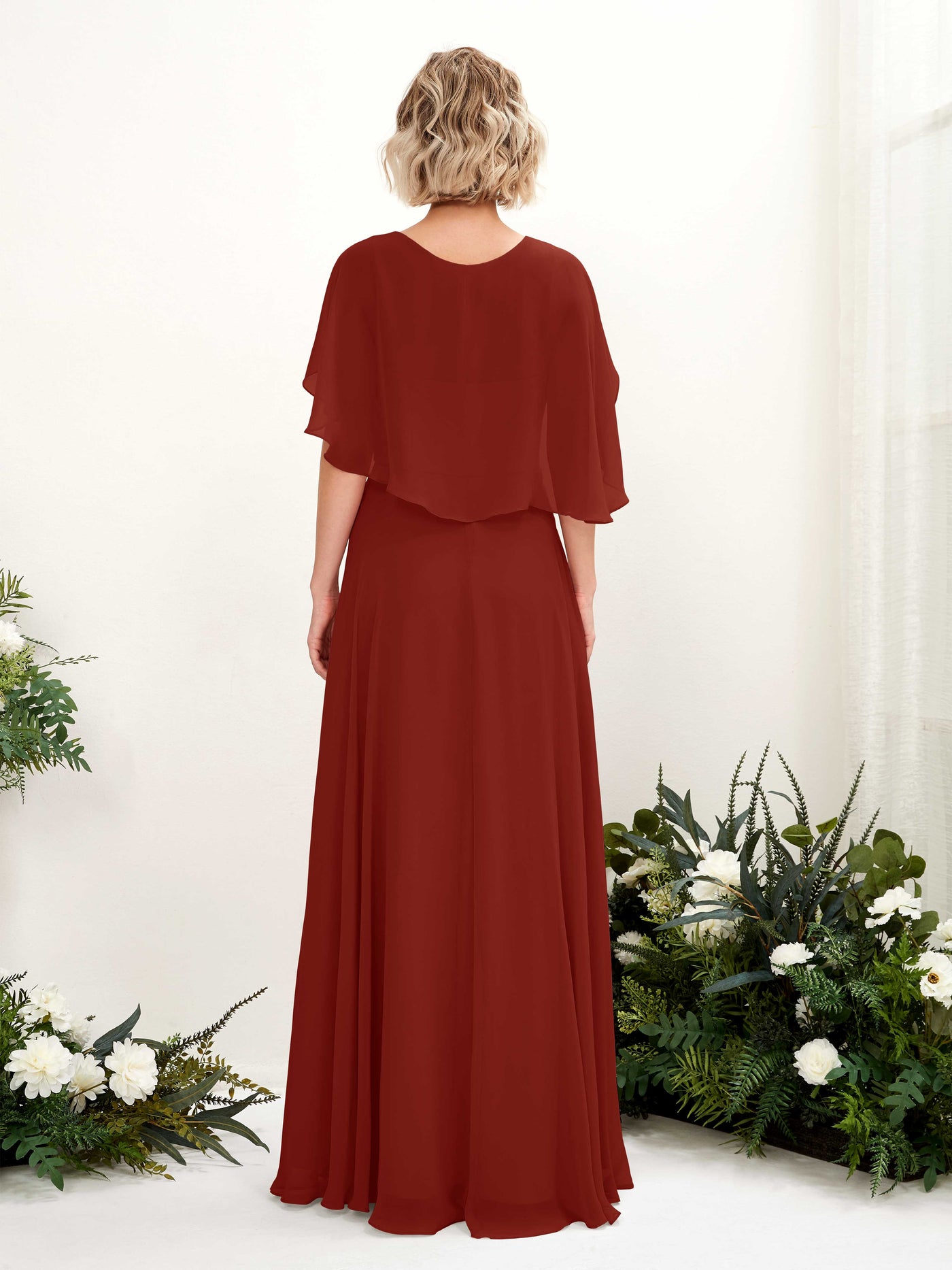 Carlyna A-Linien-Kleid mit V-Ausschnitt und Umhang-Ärmeln bodenlanges Brautjungfernkleid Rostrot #farbe_rostrot