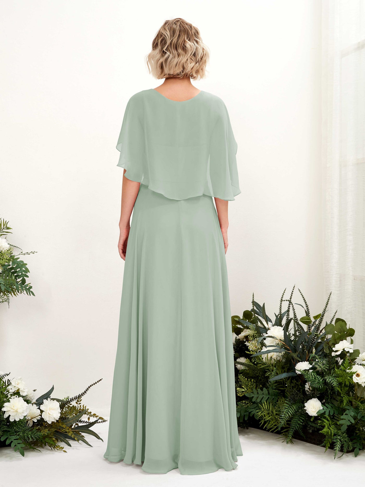 Carlyna A-Linien-Kleid mit V-Ausschnitt und Umhang-Ärmeln bodenlanges Brautjungfernkleid Salbeigrün #farbe_salbeigr-n