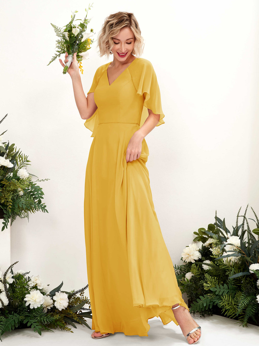 Carlyna A-Linien-Kleid mit V-Ausschnitt und Umhang-Ärmeln bodenlanges Brautjungfernkleid Senfgelb 