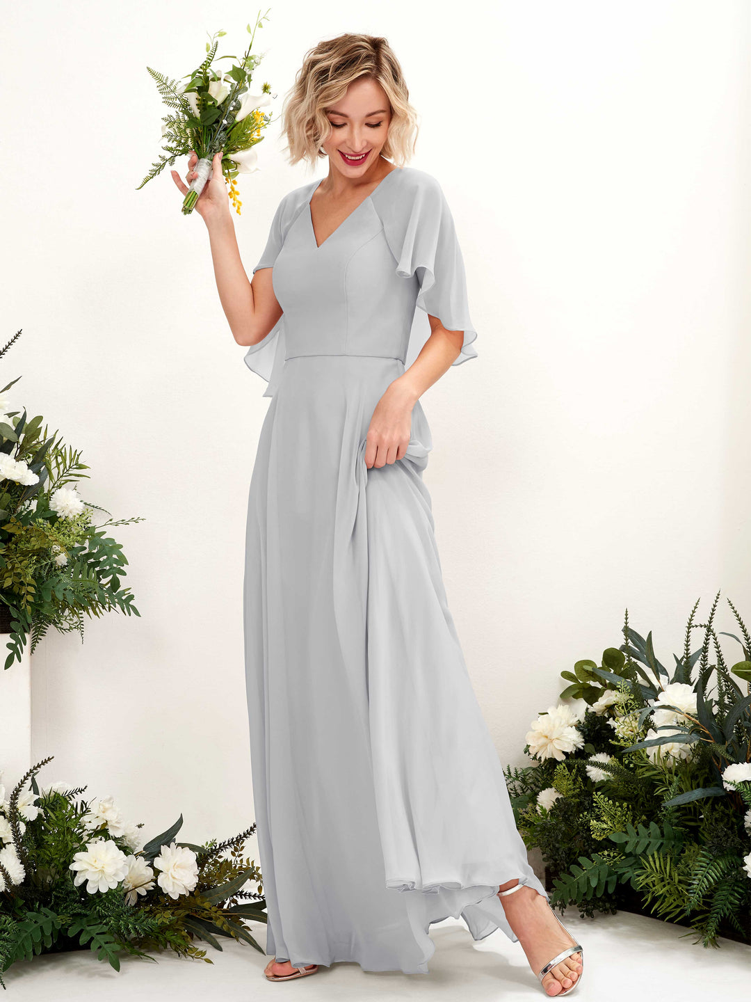 Carlyna A-Linien-Kleid mit V-Ausschnitt und Umhang-Ärmeln bodenlanges Brautjungfernkleid Silber 