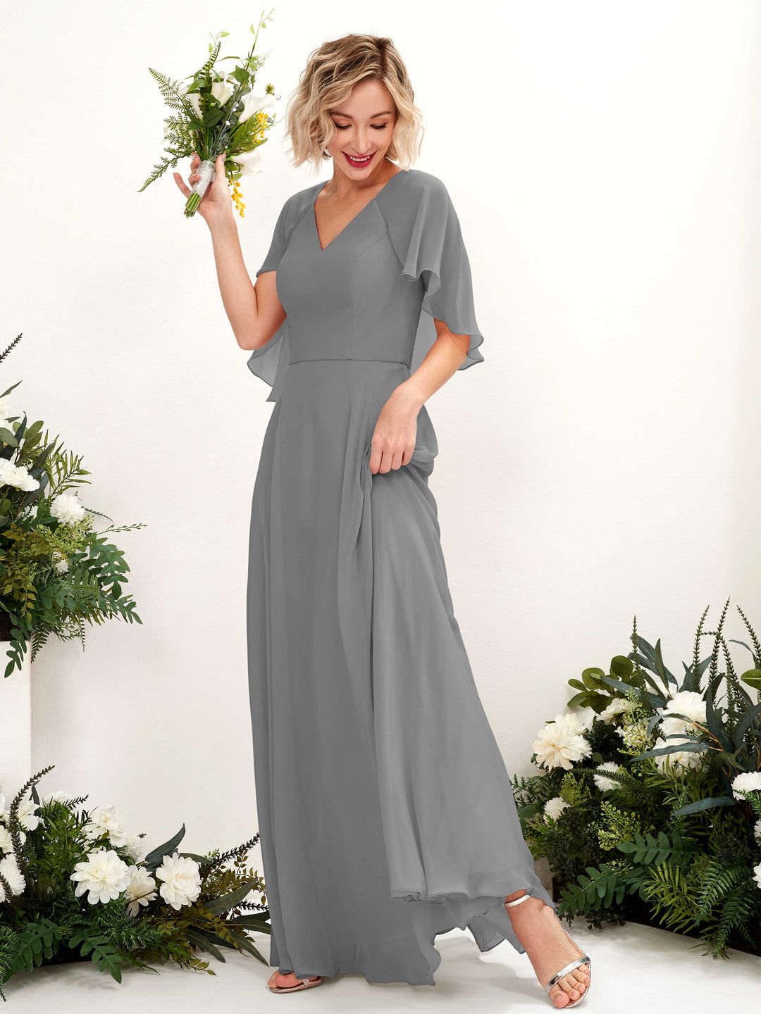 Carlyna A-Linien-Kleid mit V-Ausschnitt und Umhang-Ärmeln bodenlanges Brautjungfernkleid Stahlgrau 