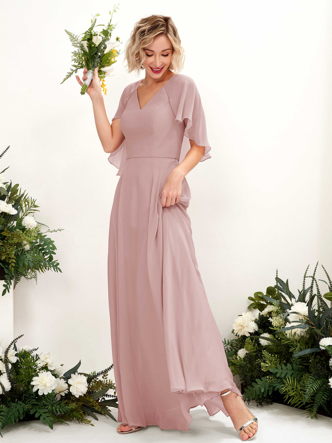 Carlyna A-Linien-Kleid mit V-Ausschnitt und Umhang-Ärmeln bodenlanges Brautjungfernkleid Staubige Rose 