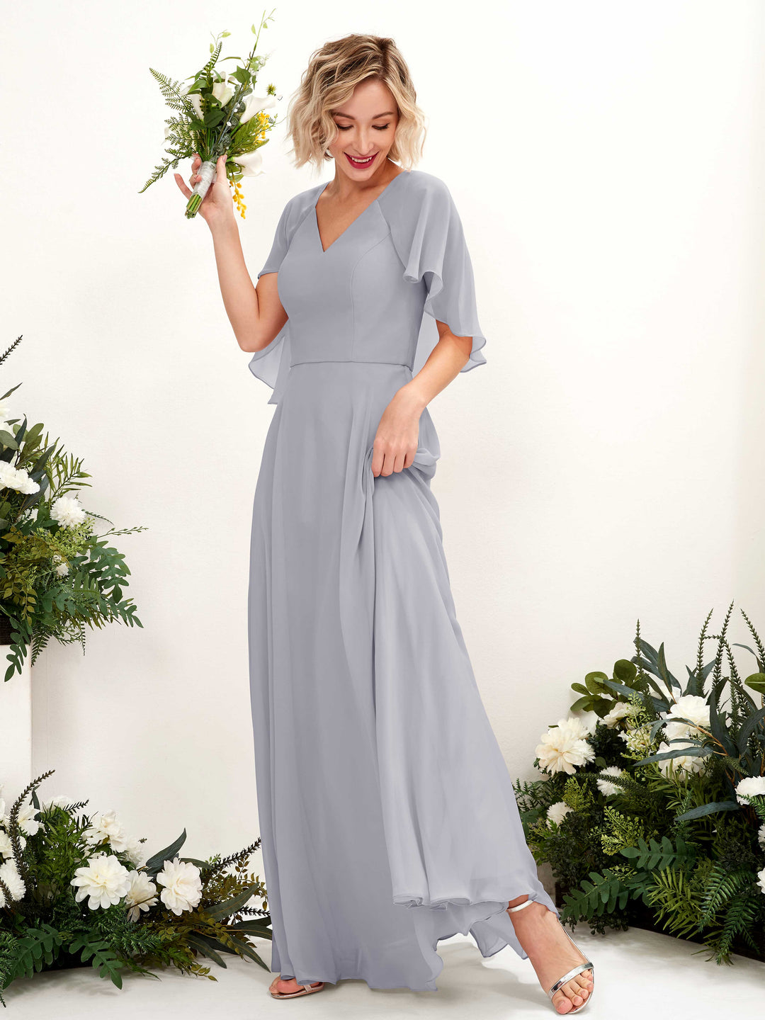 Carlyna A-Linien-Kleid mit V-Ausschnitt und Umhang-Ärmeln bodenlanges Brautjungfernkleid Staubiger Lavendel 