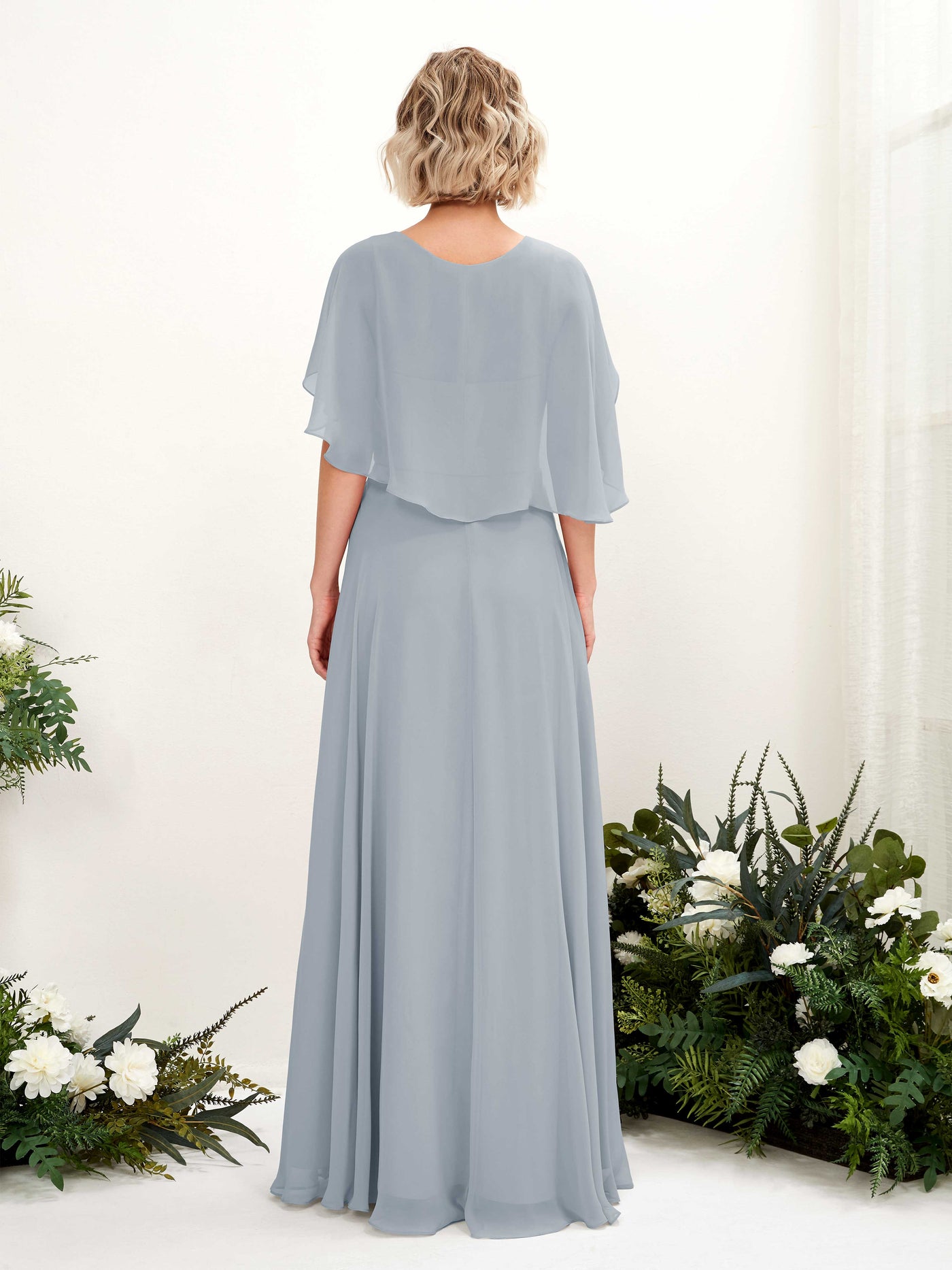 Carlyna A-Linien-Kleid mit V-Ausschnitt und Umhang-Ärmeln bodenlanges Brautjungfernkleid Staubiges Blau-Upgrade #farbe_staubiges-blau-upgrade