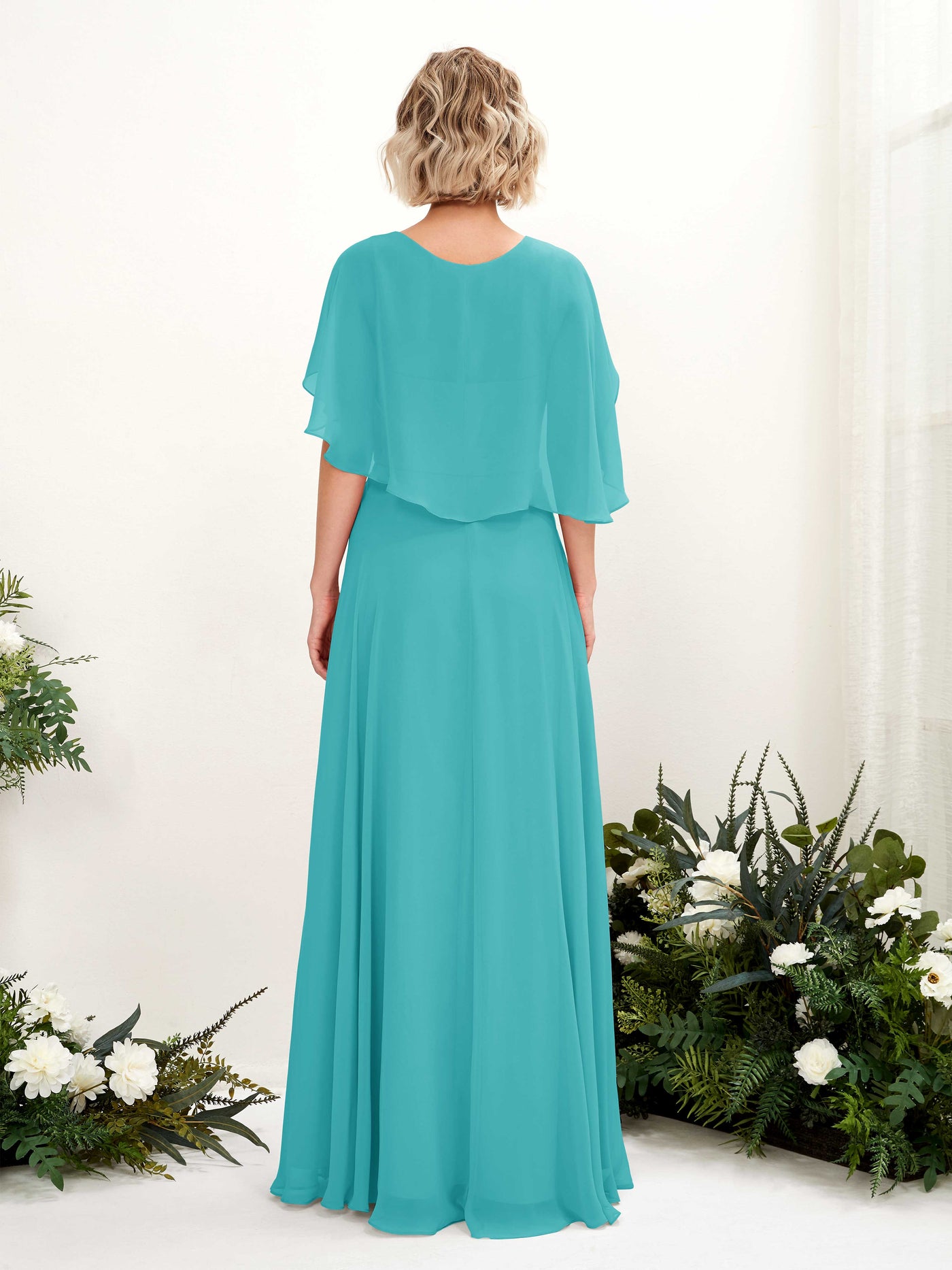 Carlyna A-Linien-Kleid mit V-Ausschnitt und Umhang-Ärmeln bodenlanges Brautjungfernkleid Türkis #farbe_t-rkis