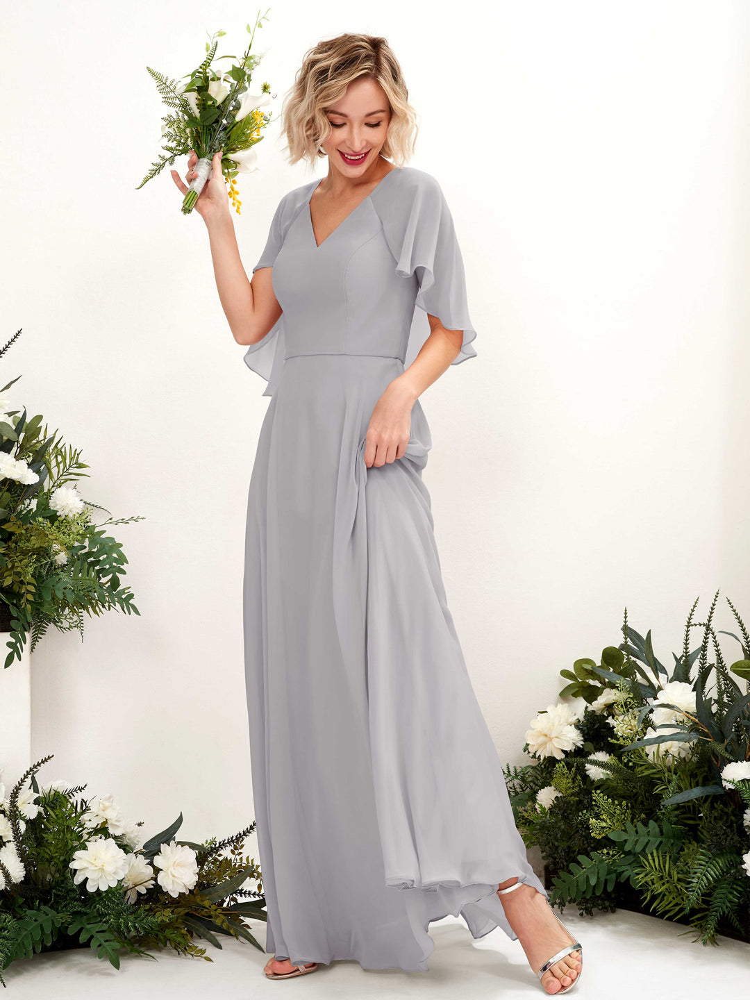 Carlyna A-Linien-Kleid mit V-Ausschnitt und Umhang-Ärmeln bodenlanges Brautjungfernkleid Taube 