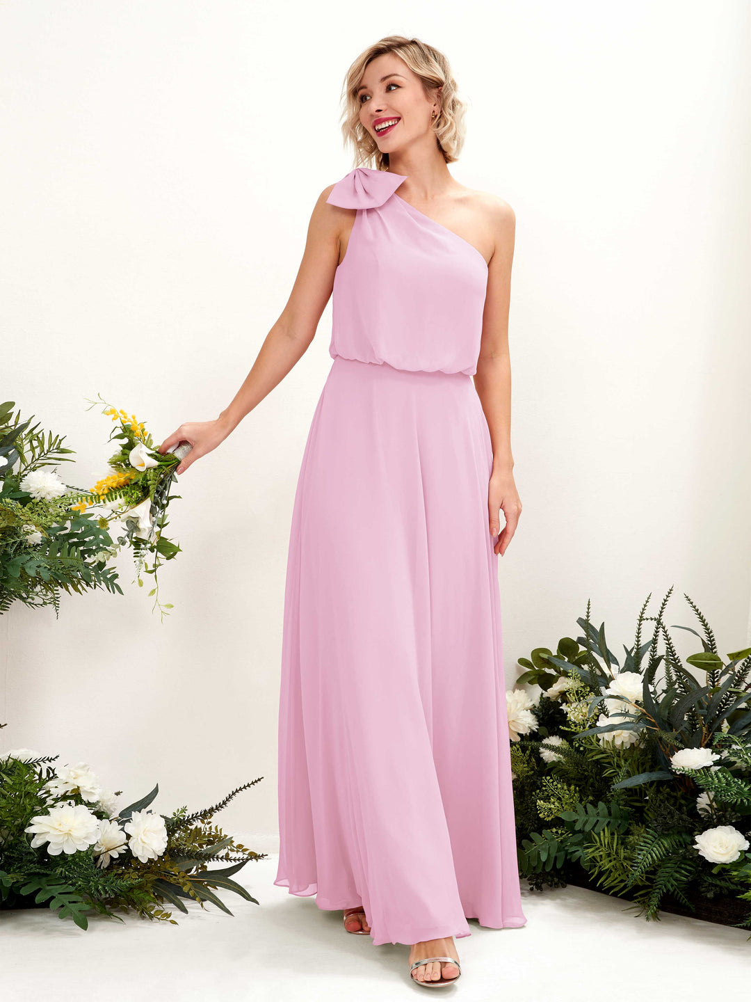 Carlyna A-Linien-Kleid One-Shoulder Bodenlang Brautjungfernkleid Bonbonrosa 