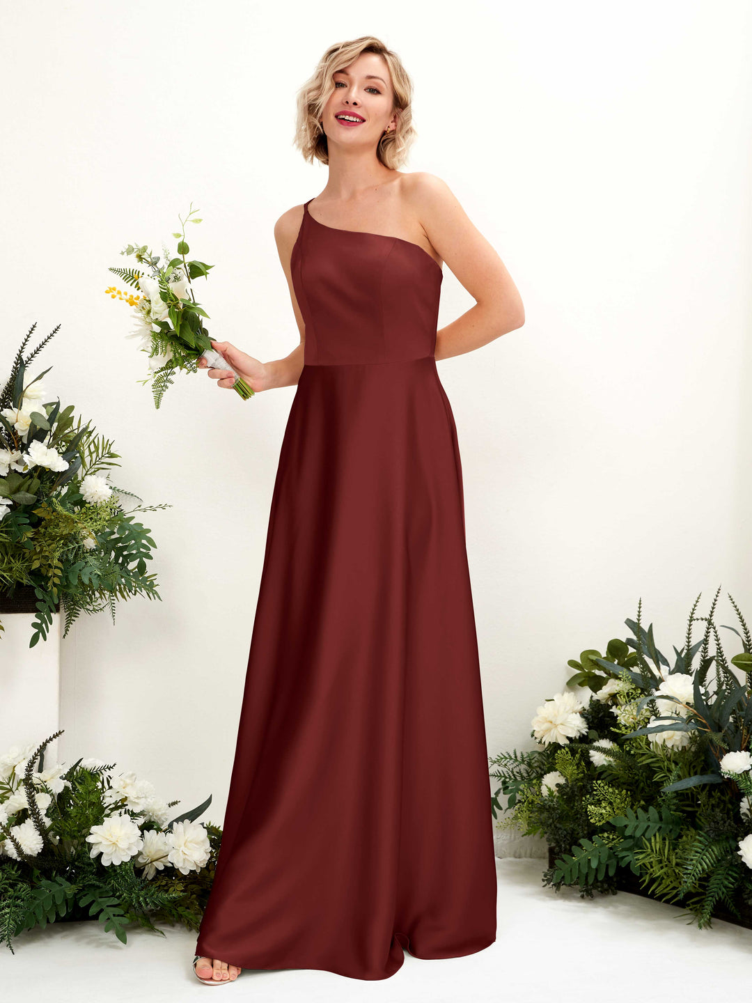 Carlyna A-Linien-Kleid One-Shoulder Bodenlang Brautjungfernkleid Burgunderrot 