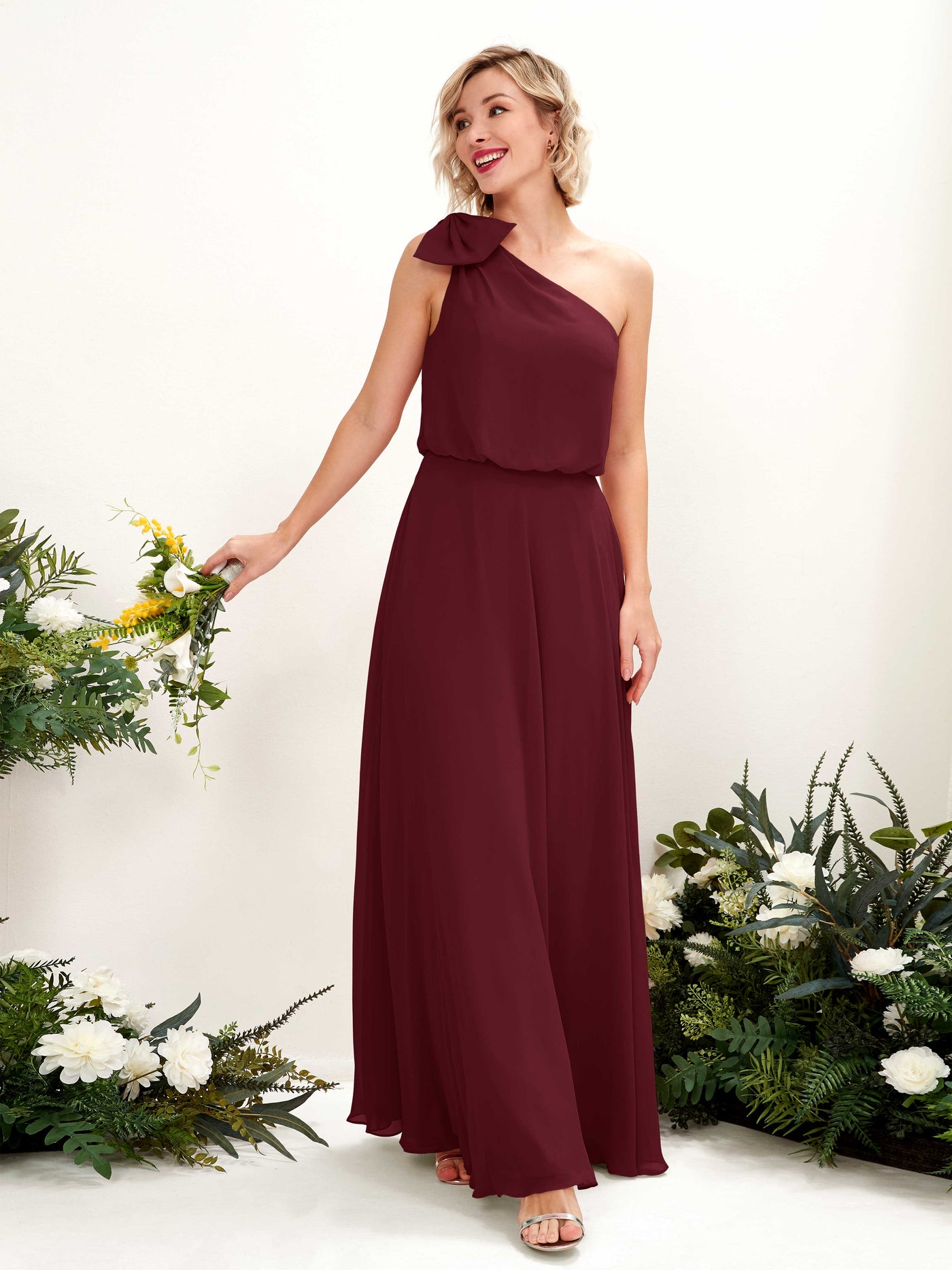 Carlyna A-Linien-Kleid One-Shoulder Bodenlang Brautjungfernkleid Burgunderrot #farbe_burgunderrot