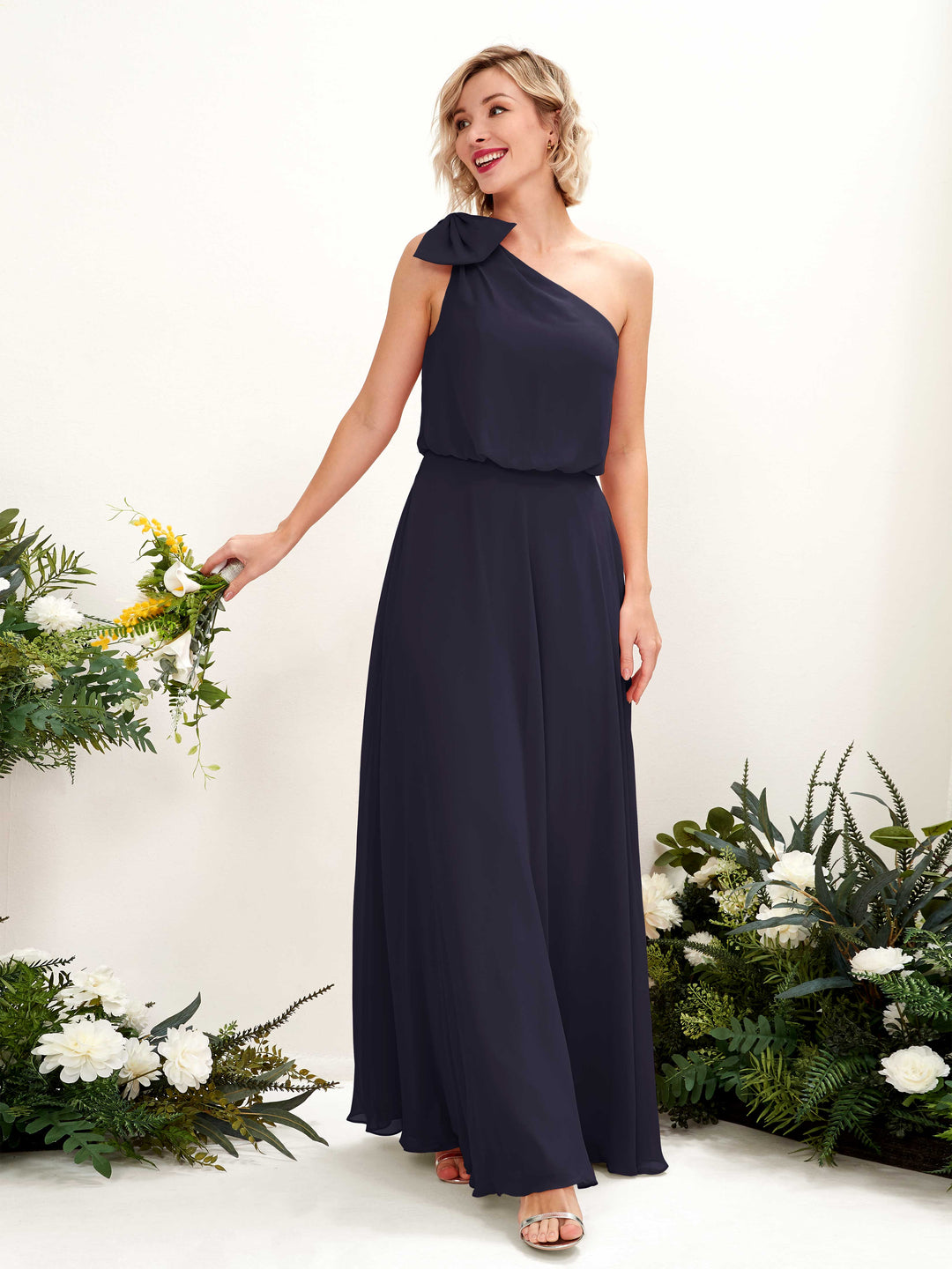 Carlyna A-Linien-Kleid One-Shoulder Bodenlang Brautjungfernkleid Dunkel Marineblau 