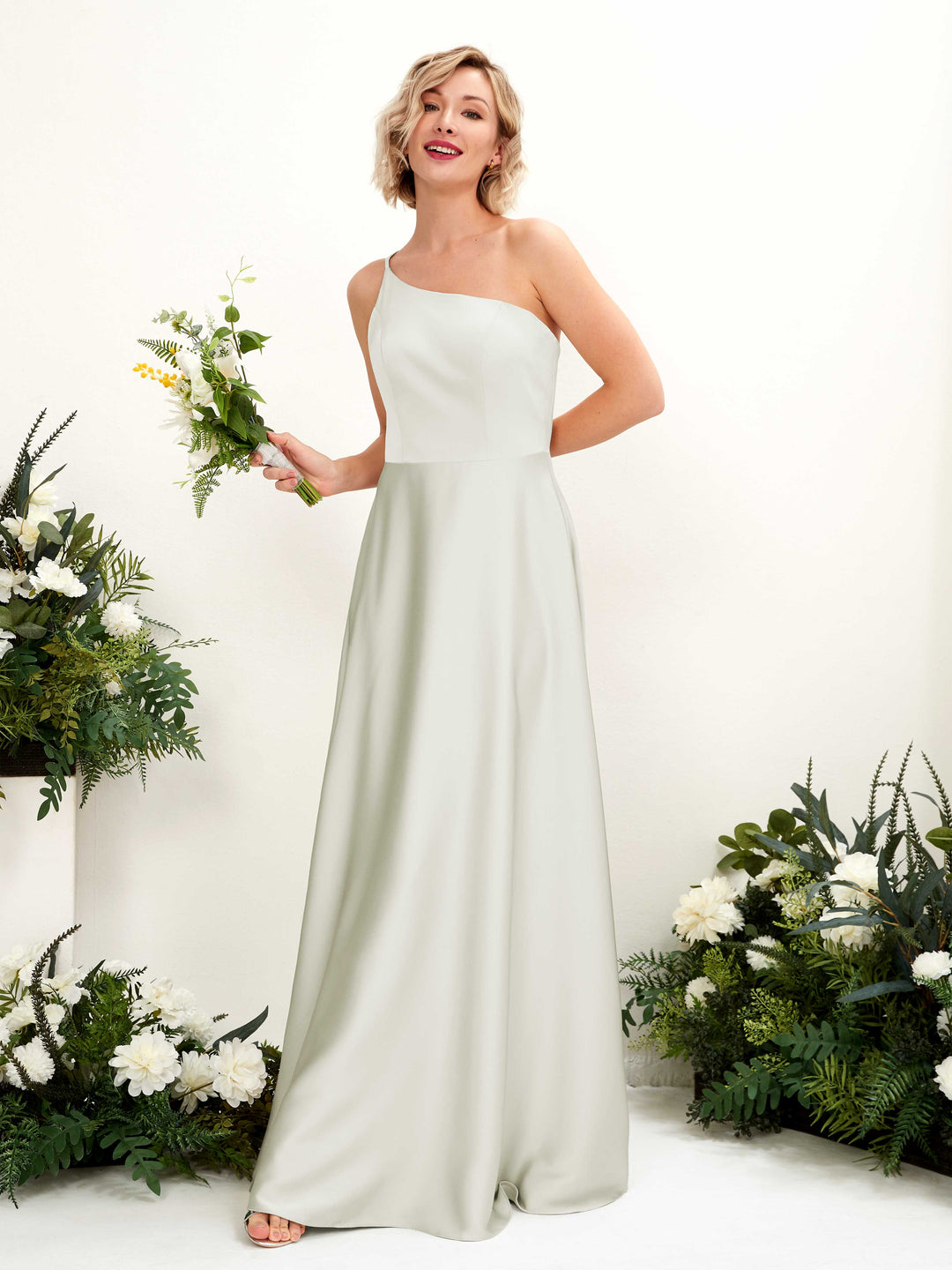 Carlyna A-Linien-Kleid One-Shoulder Bodenlang Brautjungfernkleid Elfenbein 
