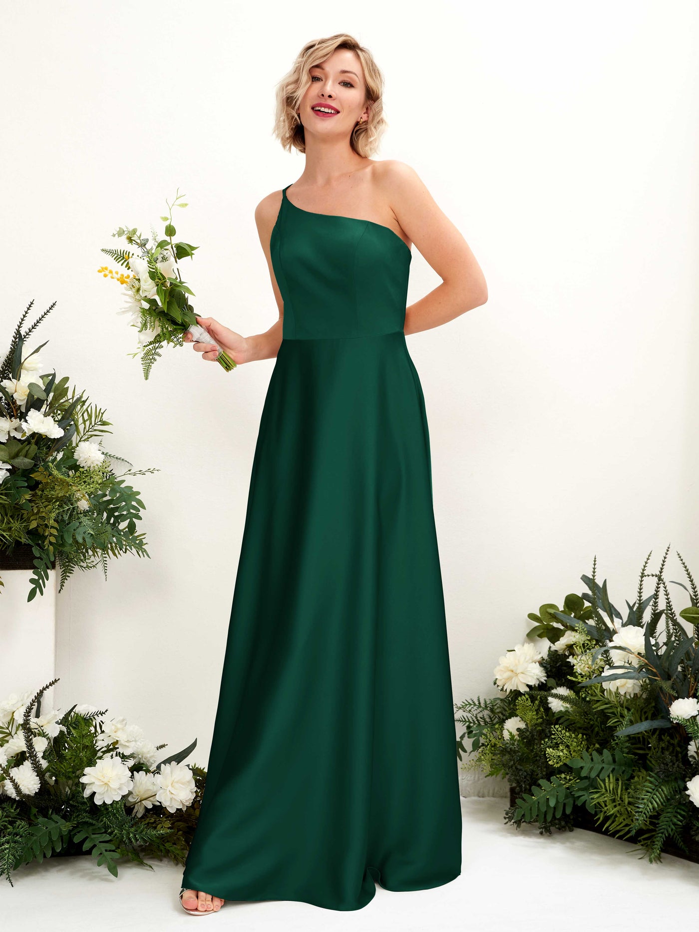 Carlyna A-Linien-Kleid One-Shoulder Bodenlang Brautjungfernkleid Jägergrün #farbe_j-gergr-n