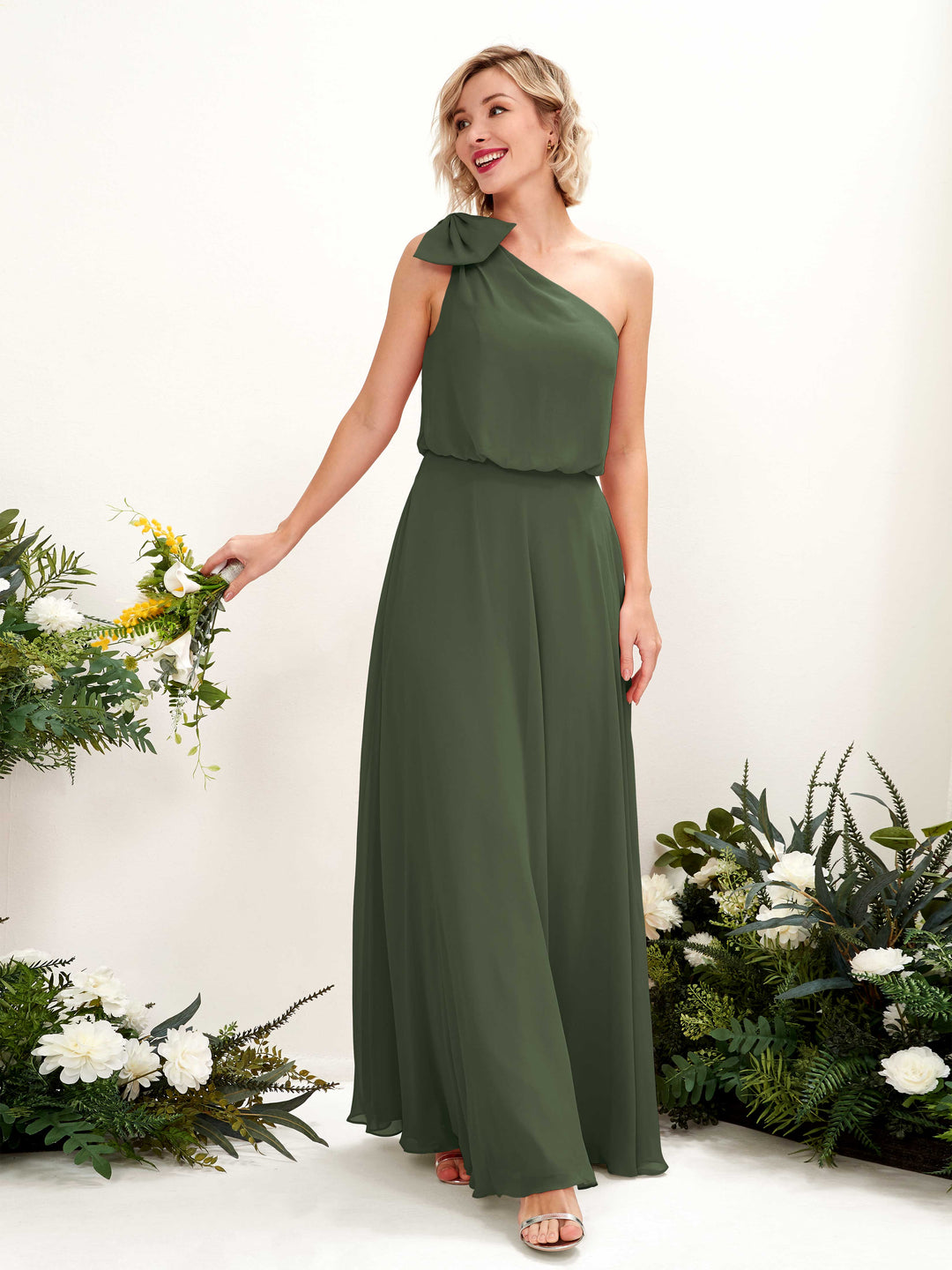 Carlyna A-Linien-Kleid One-Shoulder Bodenlang Brautjungfernkleid Martini-Olive 