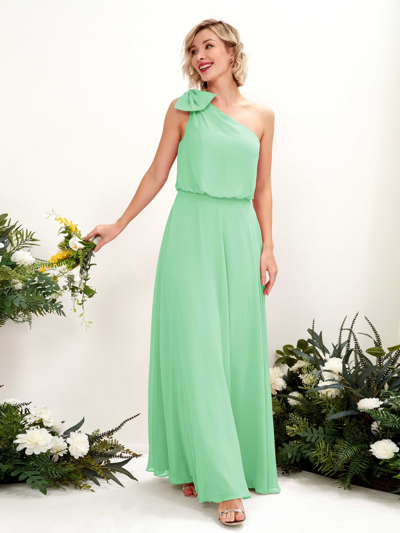 Carlyna A-Linien-Kleid One-Shoulder Bodenlang Brautjungfernkleid Minzgrün #farbe_minzgr-n