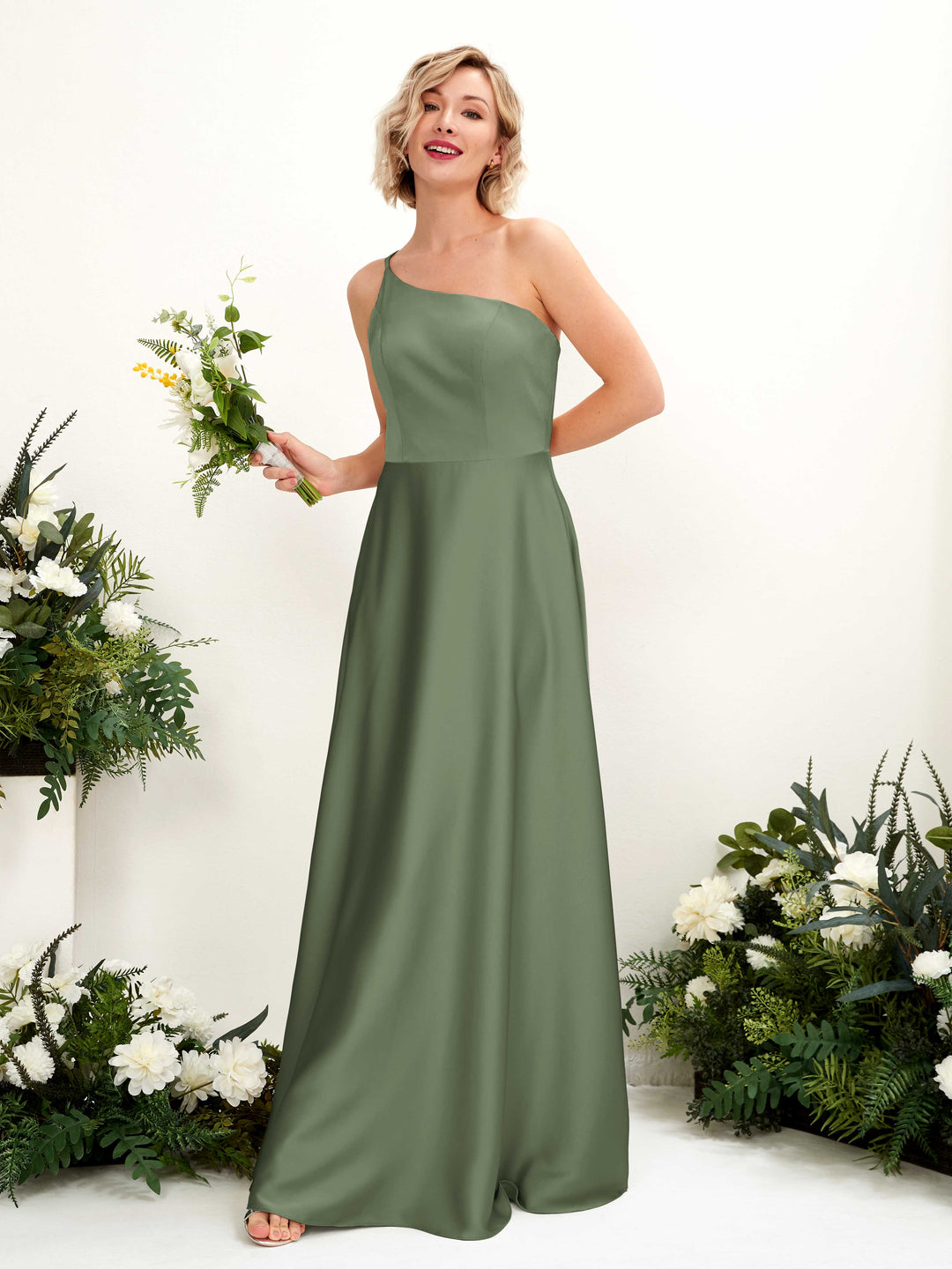 Carlyna A-Linien-Kleid One-Shoulder Bodenlang Brautjungfernkleid Olivgrün 